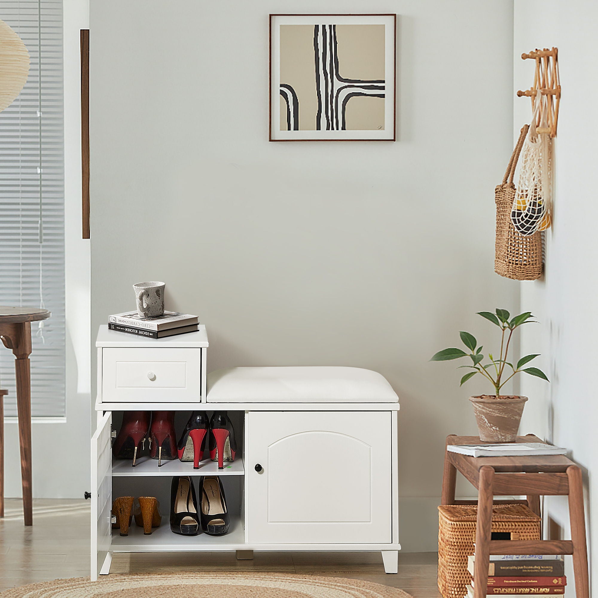 Shoe Storage Bench Cabinet With Fireproof Cushion, Double Doors And Movable Drawer For Door Entrance - White