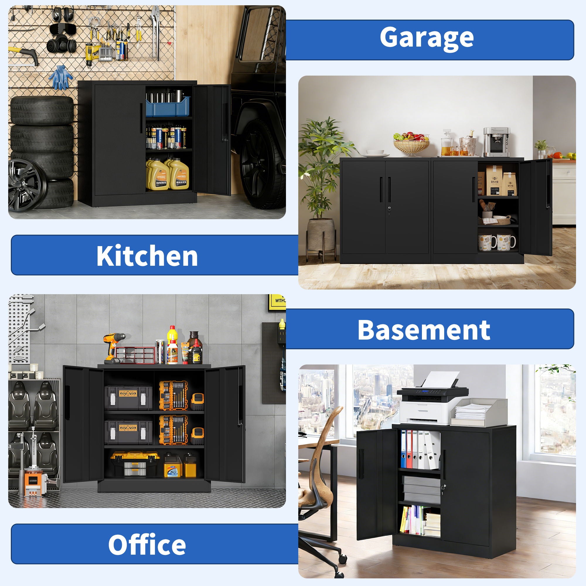 Heavy Duty Storage Cabinet With Lock, 2 Door File Cabinet With 2 Adjustable Shelves - Black