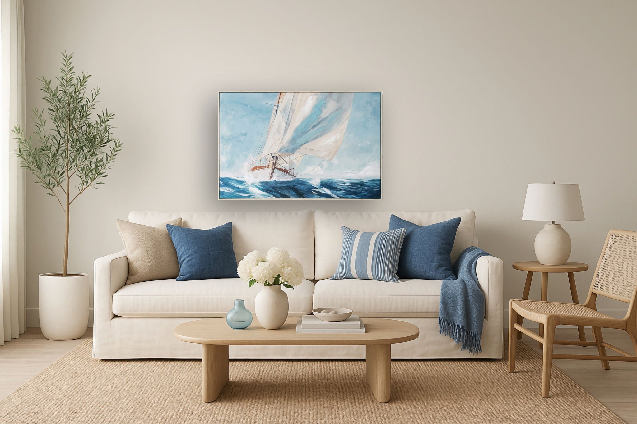 Gusty Sail Aglow - 33" x 48" Framed Wall Art - Blue
