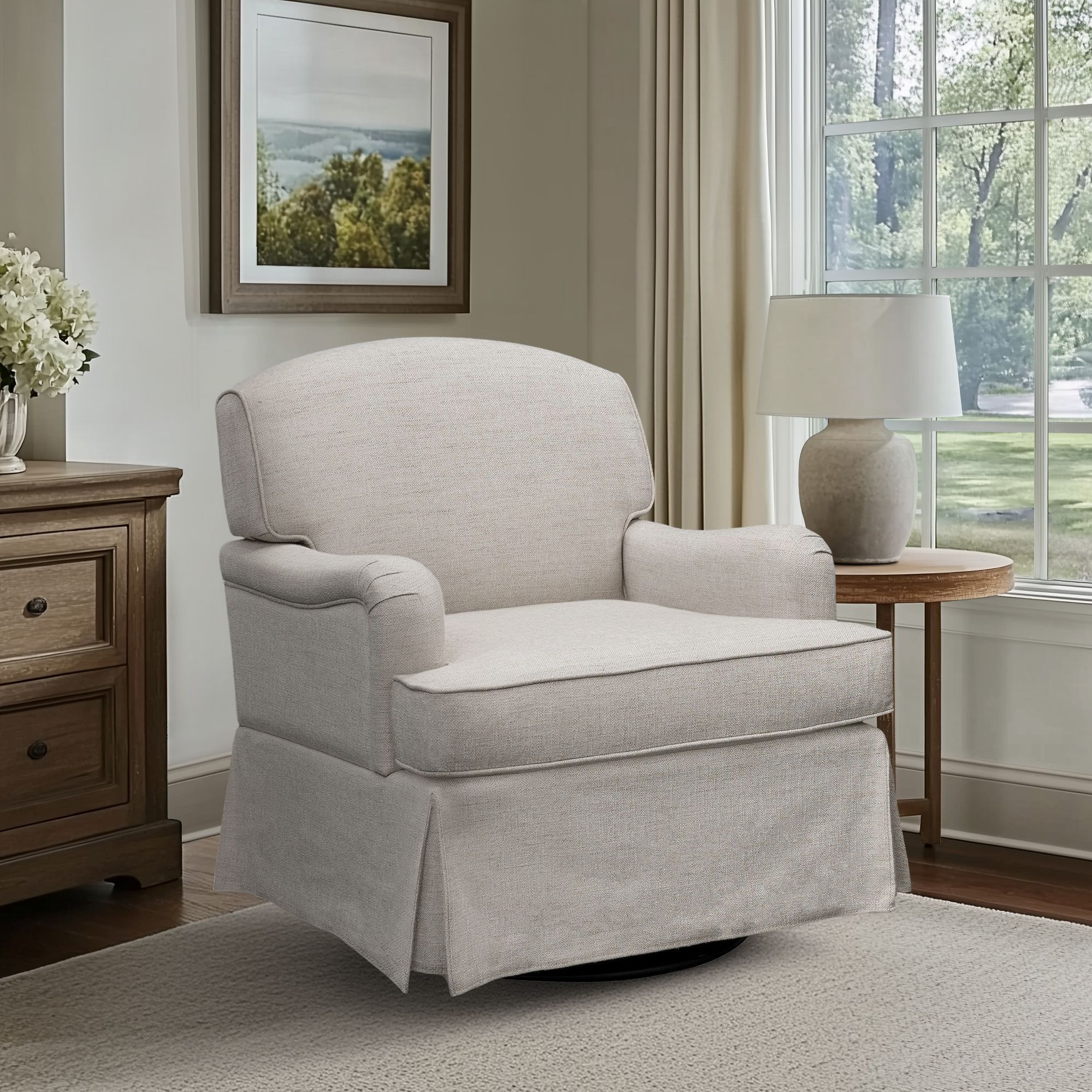 Melody - One Size Swivel Glider Skirted Armchair - Cream