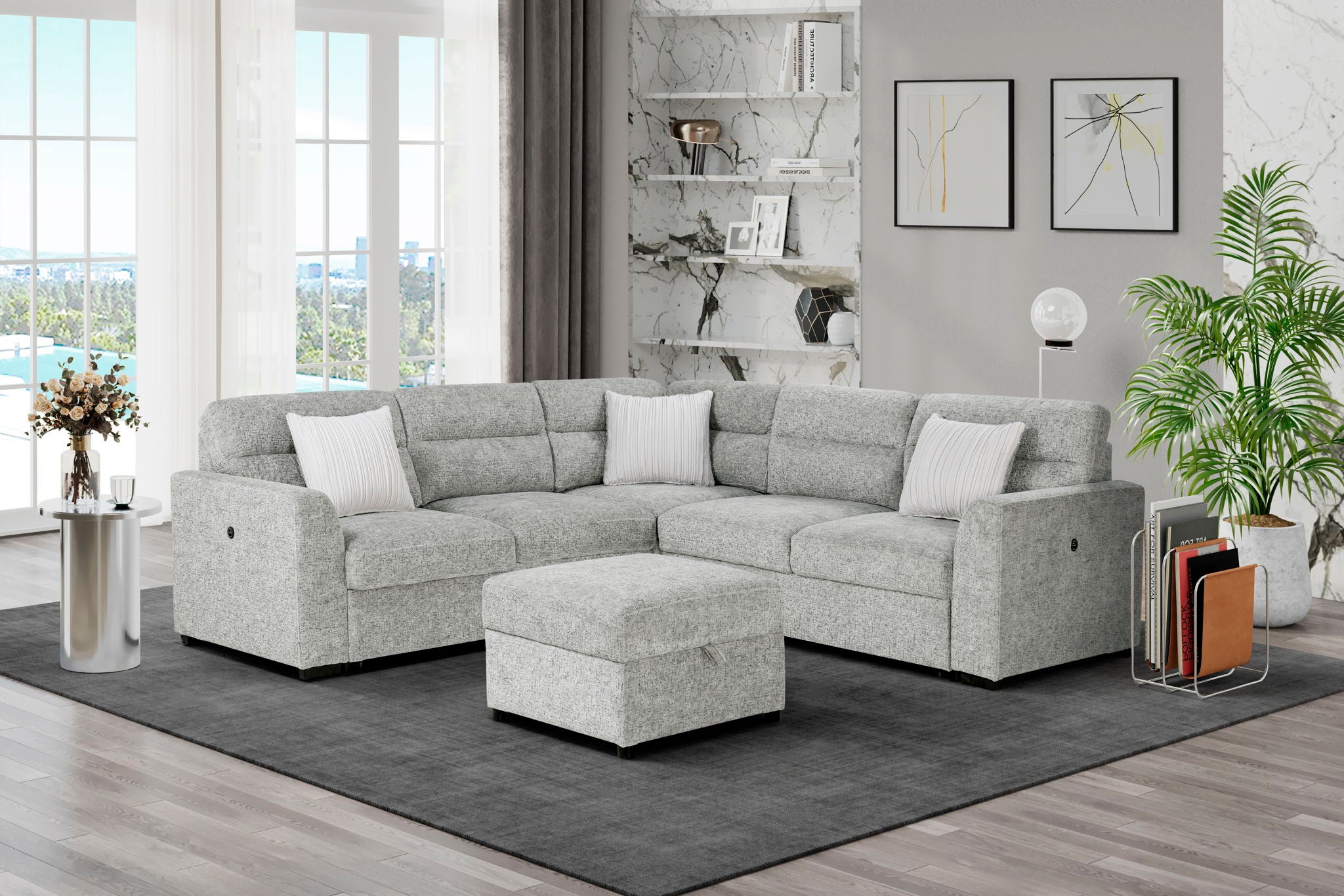 U9401 - Loveseat With Pullout Sofa Bed And 1 Pillow - Gray / Nickel