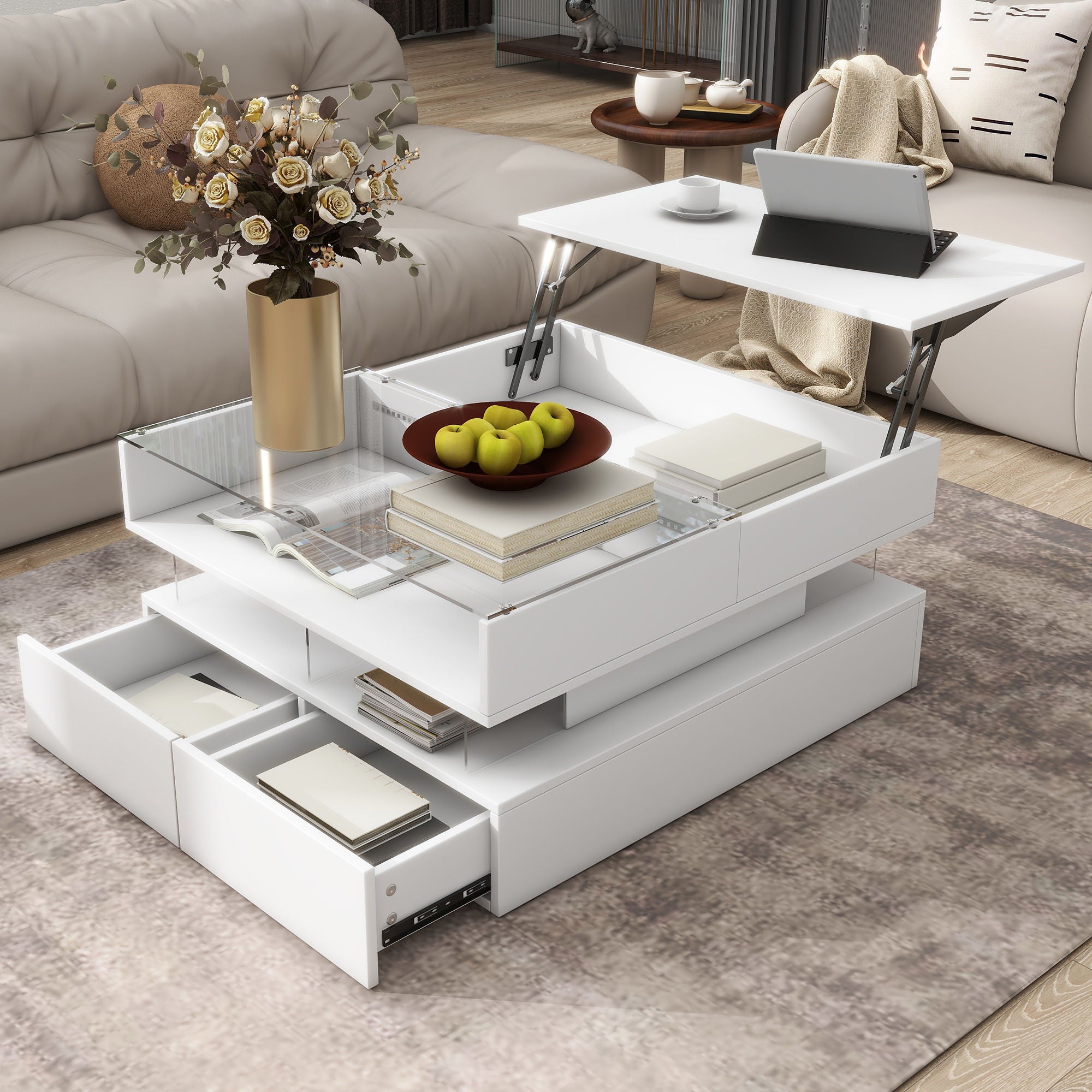 Lift Top Coffee Table With 2 Drawers, Hidden Space And LED Lights For Living Room