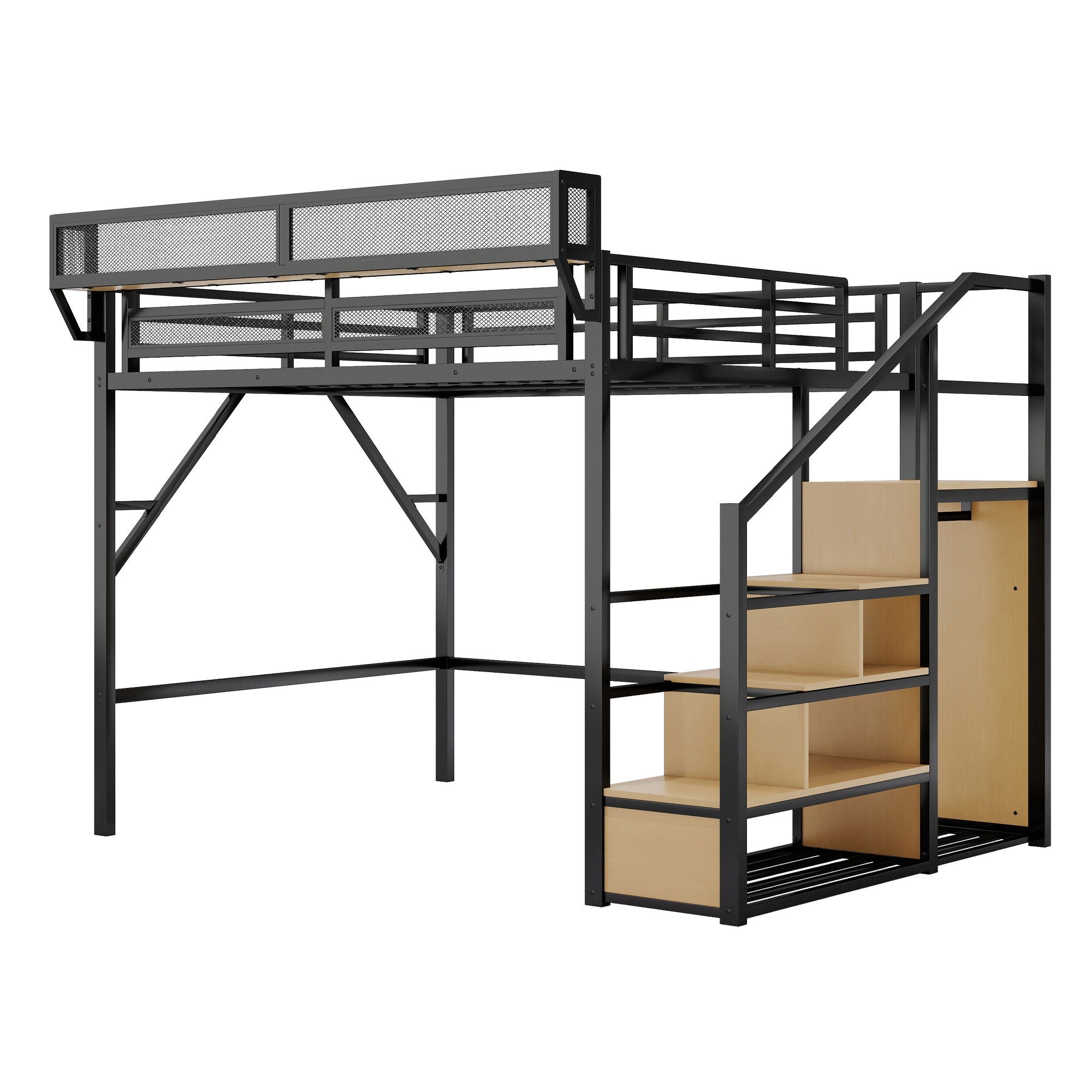 Loft Bed With Stairs, Storage Shelves, Wardrobe