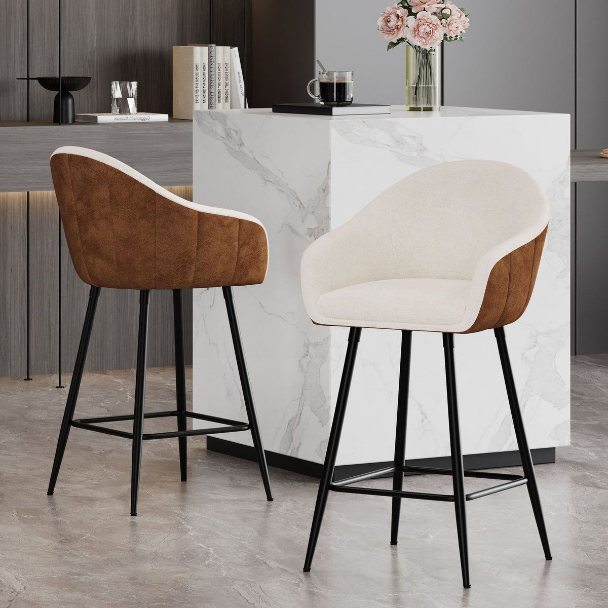 Modern Style Counter Height Bar Stools, With Comfortable Upholstery, Durable Metal Legs Ensure Stability - Brown