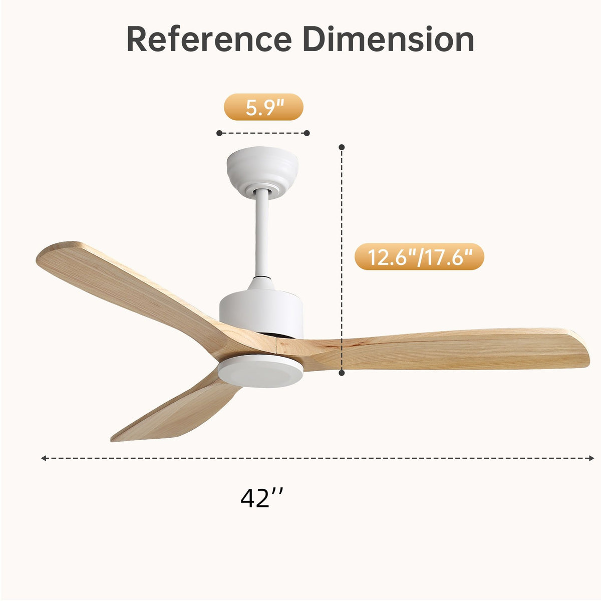 42" Ceiling Fan With No Light, Reversible DC Motor, 2 Downrods (12.5Cm / 25Cm) For Bedroom & Living Room - White