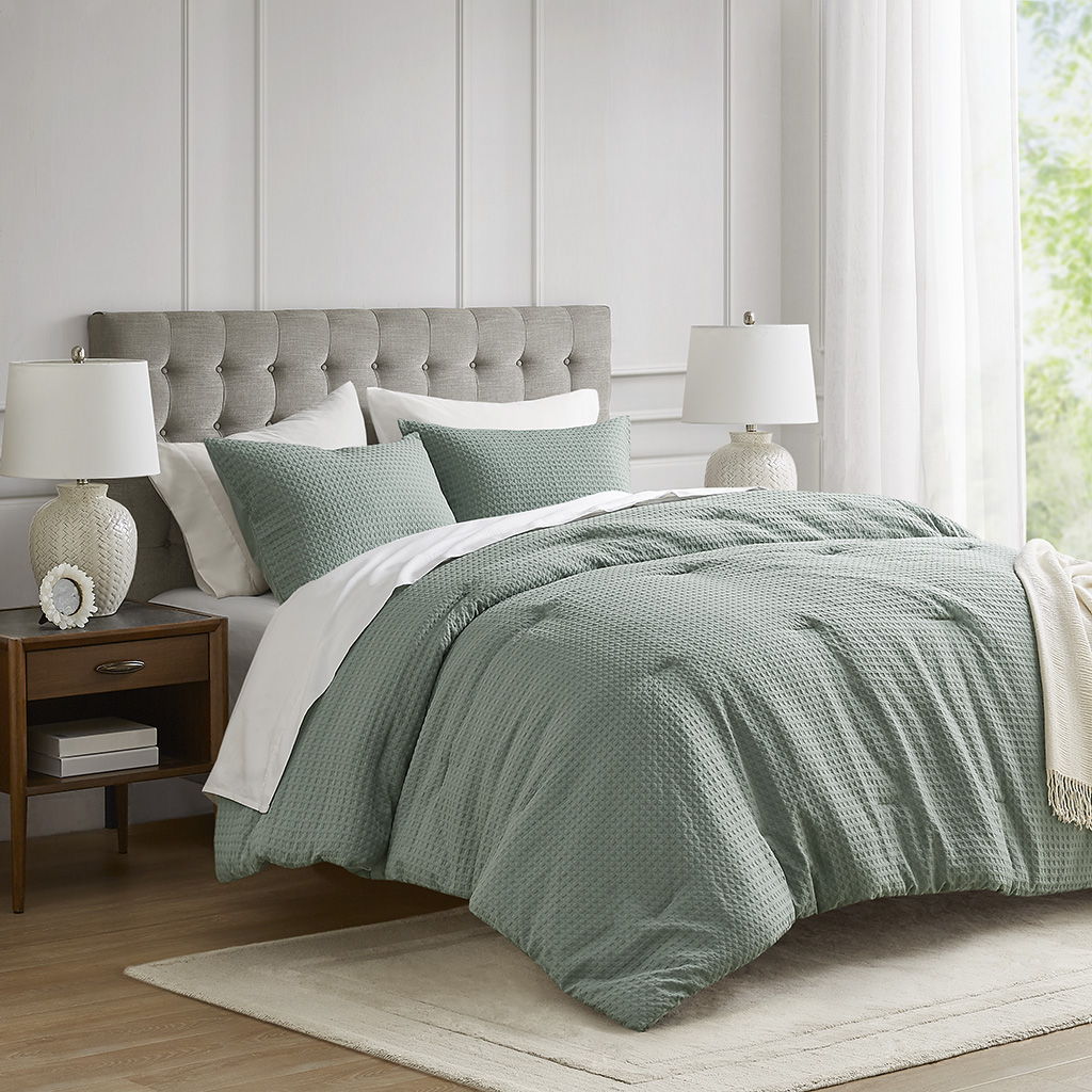 Mina - Twin/Twin Long Waffle Weave Textured Comforter Set - Sage Green