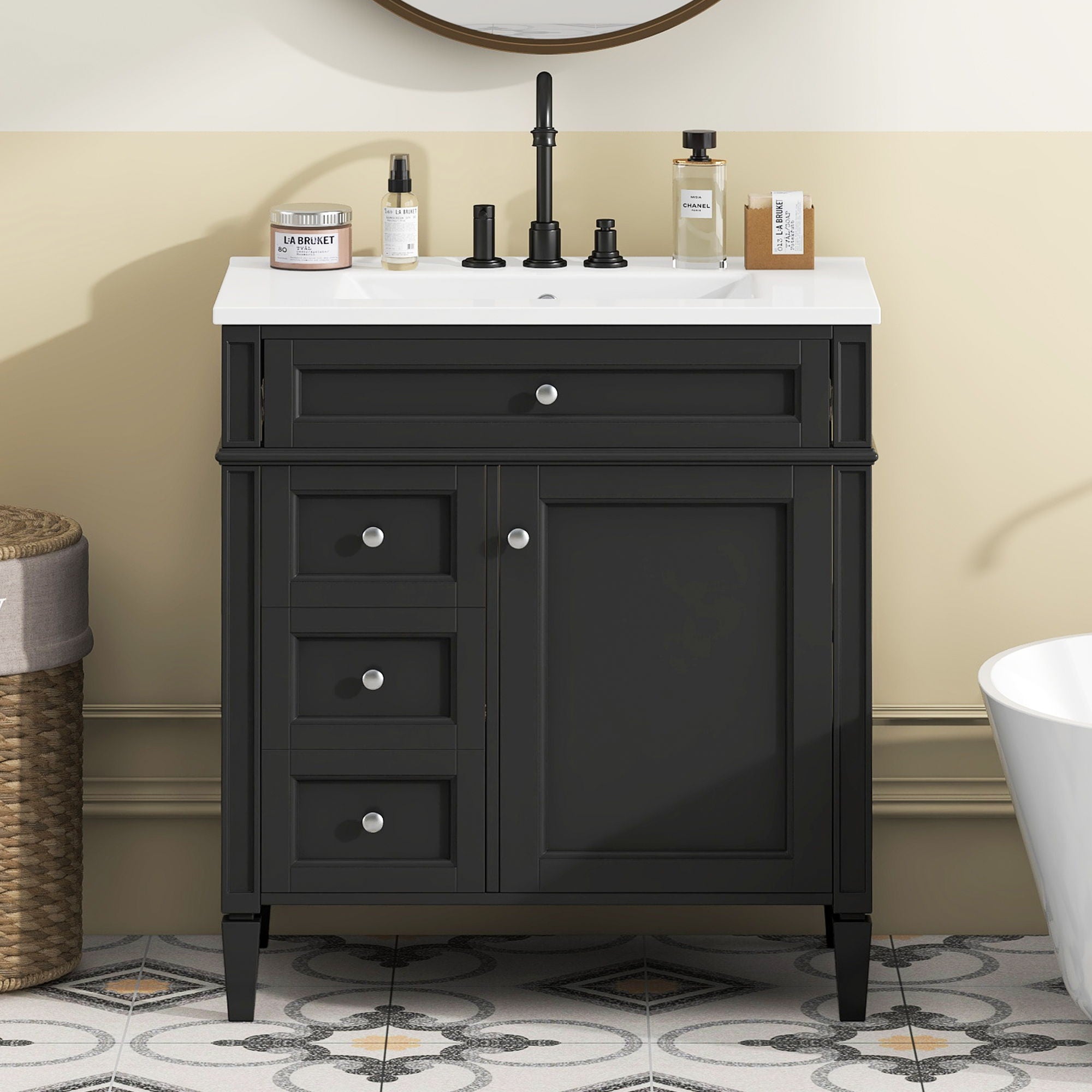 Bathroom Vanity With Top Sink, 3 Drawer Storage Cabinet, Rectangular Design - Black