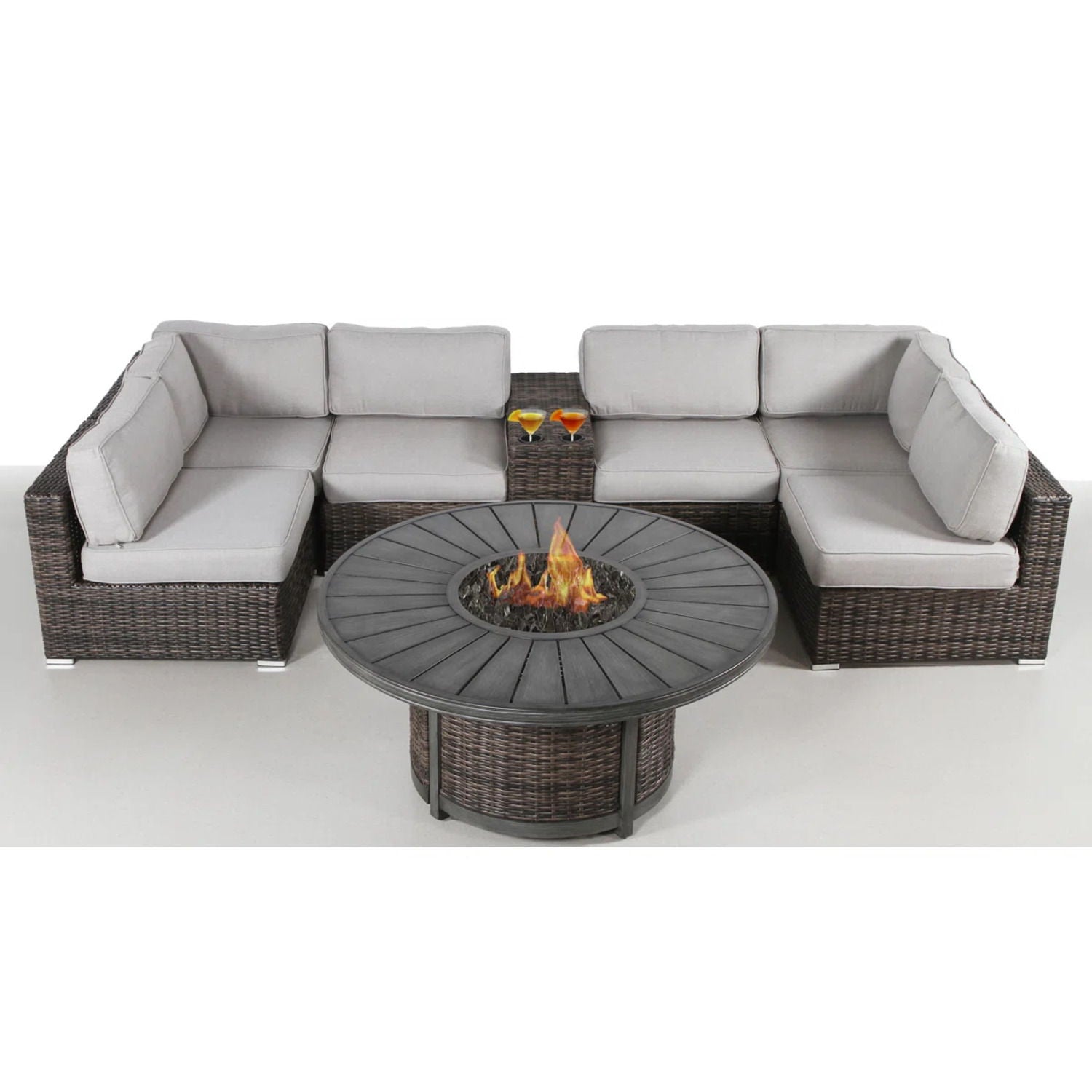 All Weather 4 Person Patio Sofa Set With Fire Pit And Side Table Rustproof - Brown