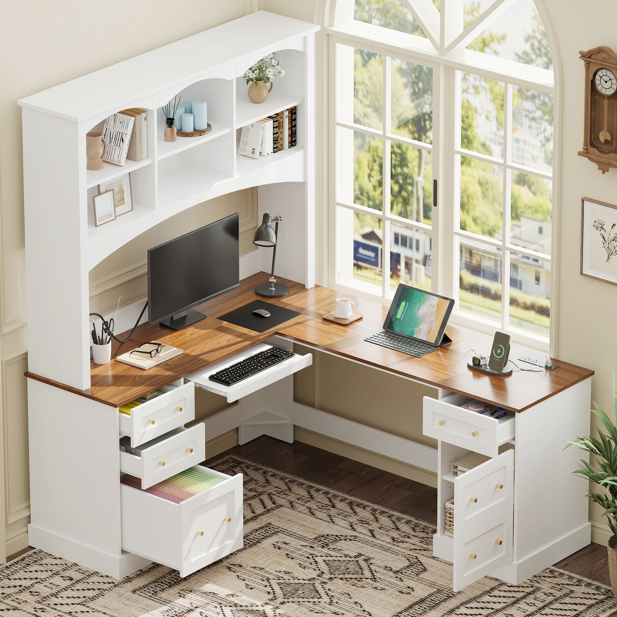 Space Saving L-Shaped Computer Desk With Keyboard Tray & Charging Stations