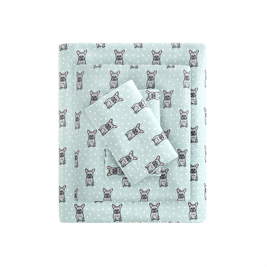 Cozy Flannel - Printed Sheet Set California King - Aqua French Bulldog