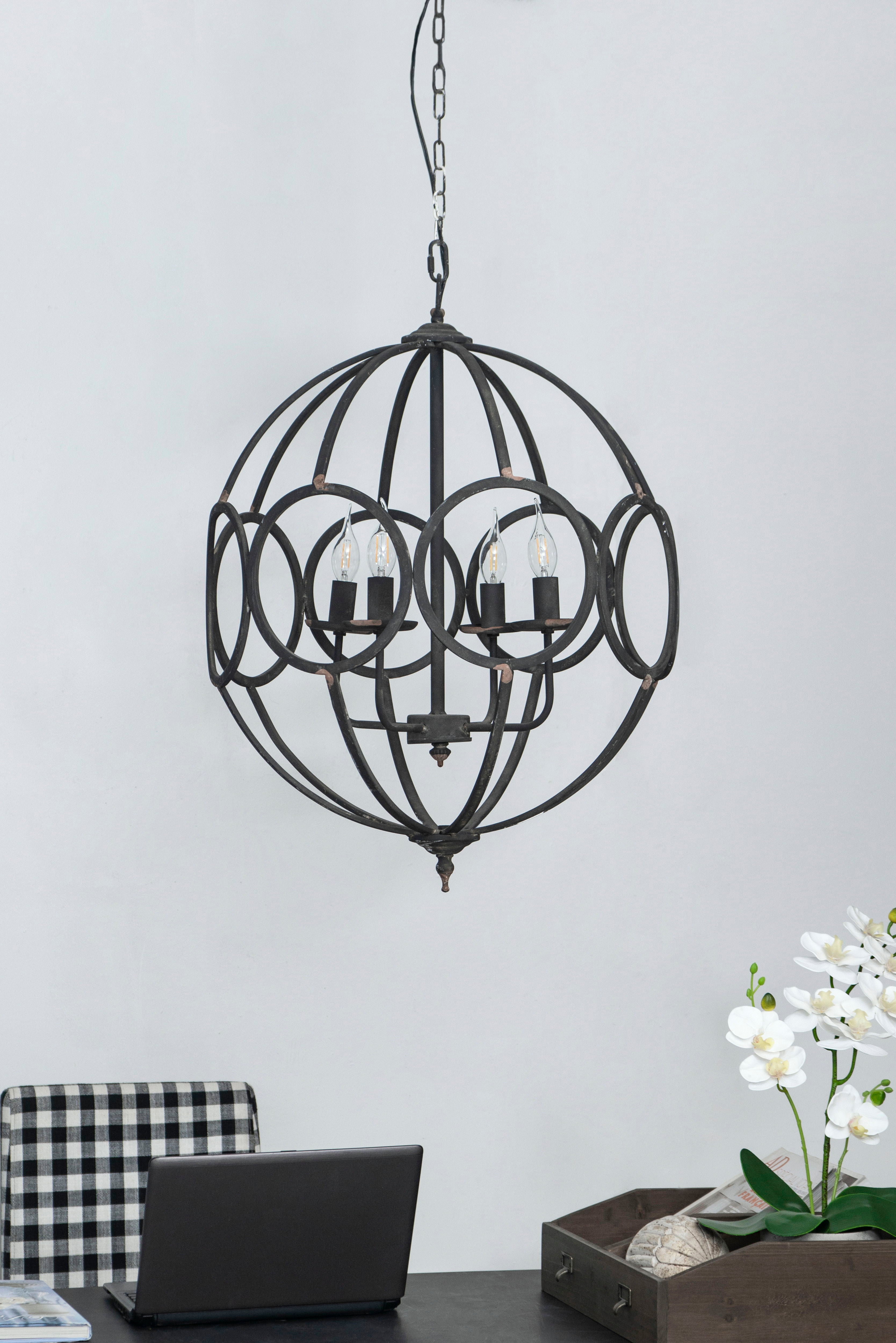 4 Light Metal Chandelier, Hanging Light Fixture With Adjustable Chain For Kitchen, Bulb Not Included - Black