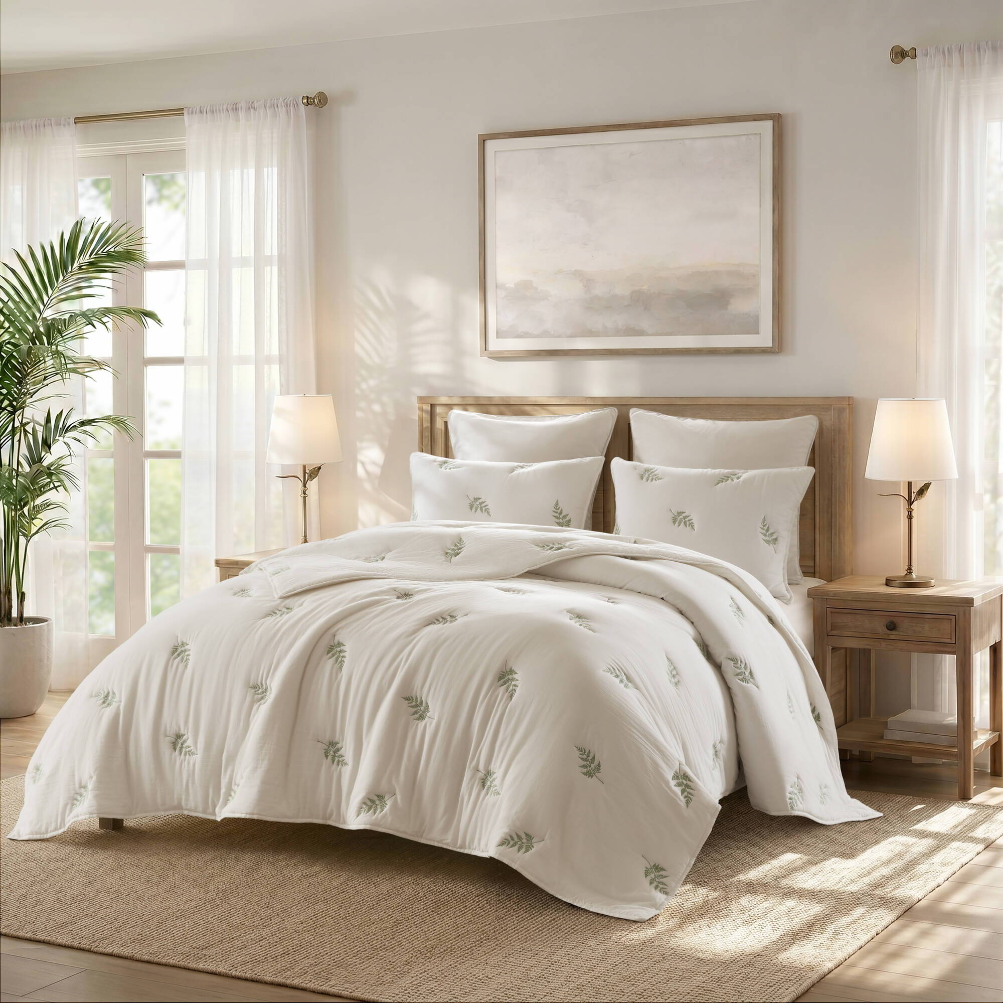 Willow Embroidered Botanical - King/California King 100% Cotton Lightweight 3 Piece Quilt Set - White / Sage