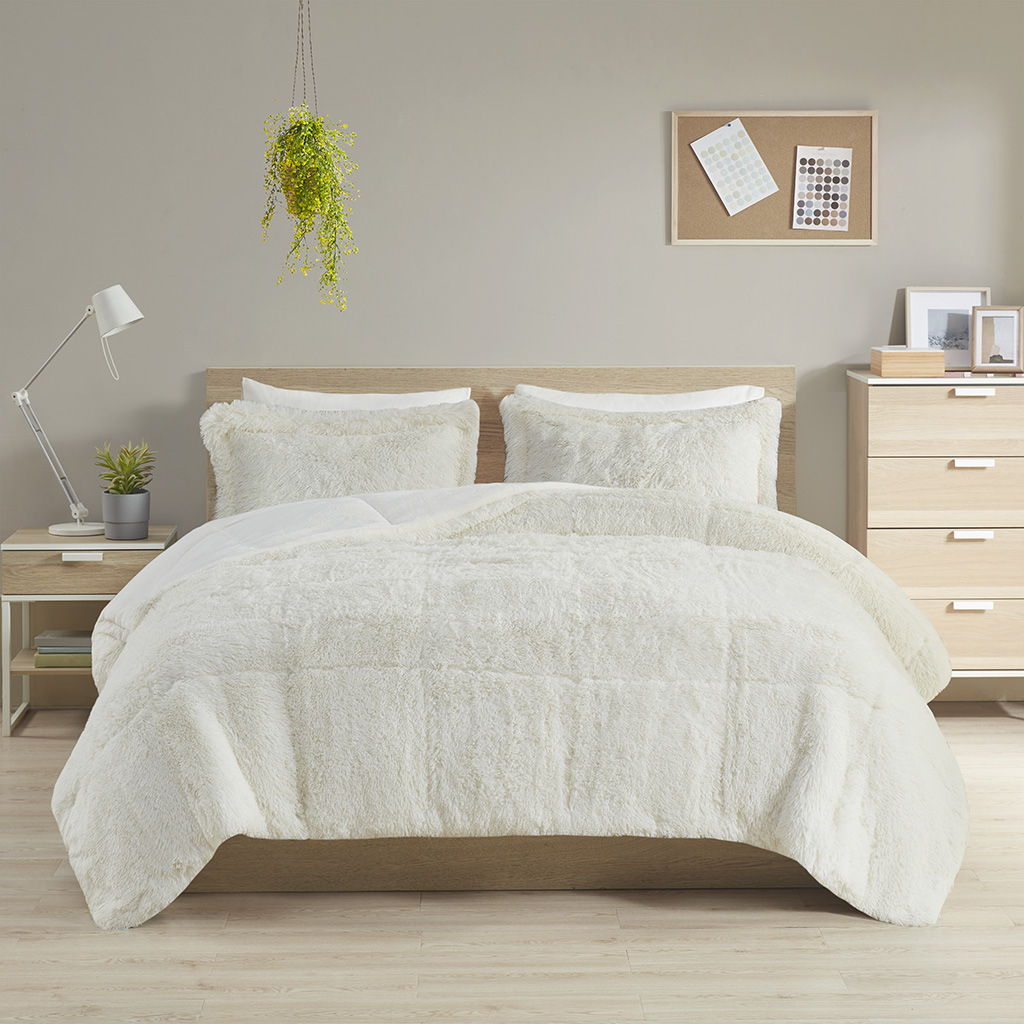 Malea - King Shaggy Comforter Mini Set - Ivory