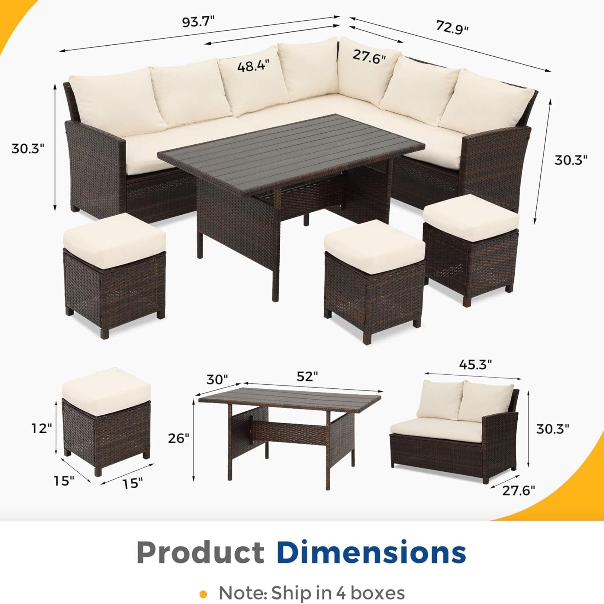 7 Piece Patio Dining Set With Cushions, Modular Sectional Sofa & Storage Table