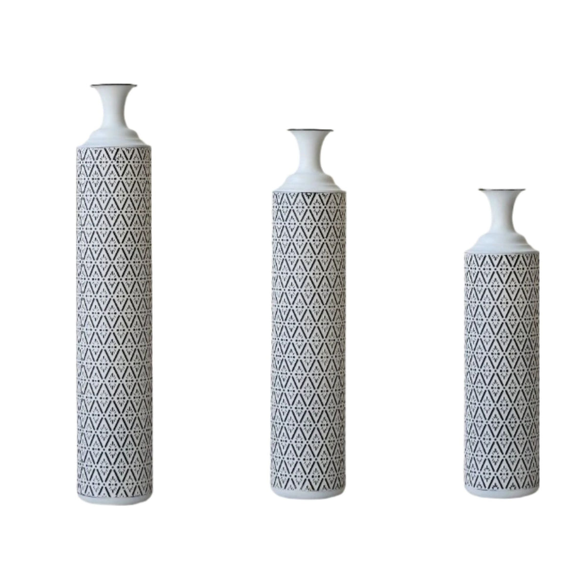 Modern Floor Vase Set Metal Vases With Geometric Pattern, 3 Piece Home Decor Set - White / Black