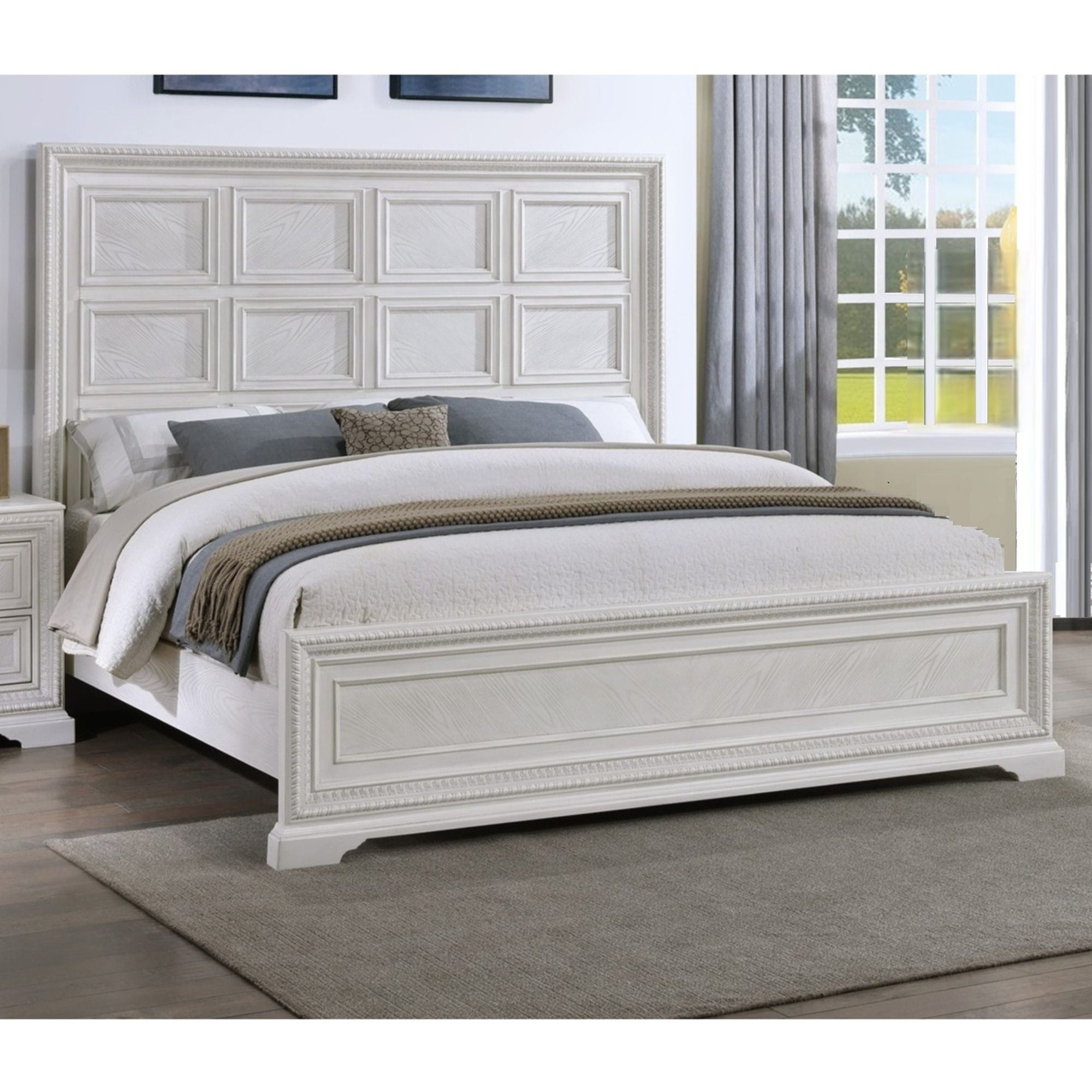 Queen Geometric Design Headboard Panel Bed Bedroom Furniture - Antique White