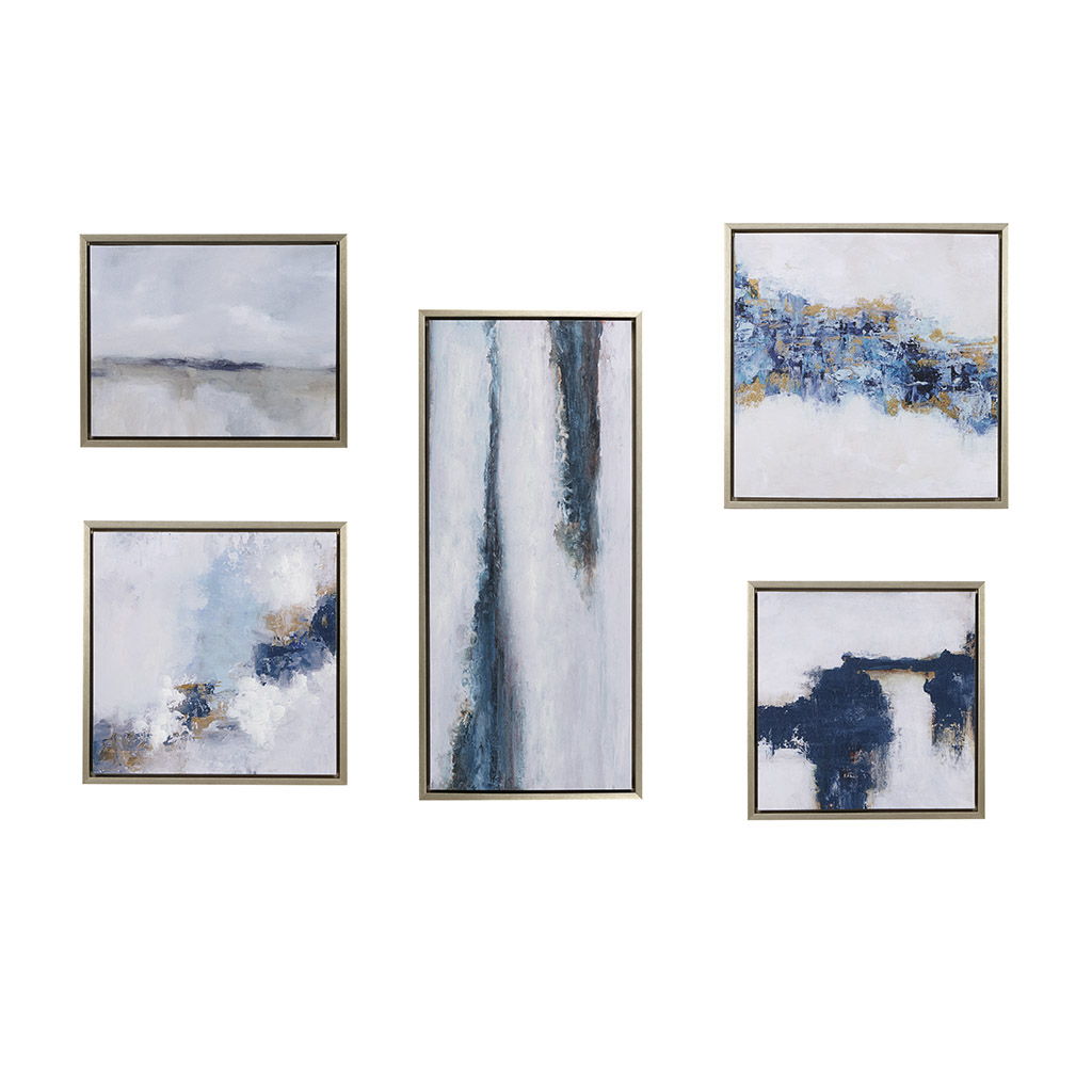 Blue Drift - Framed Embellished Canvas Gallery (Set of 5) - Multi