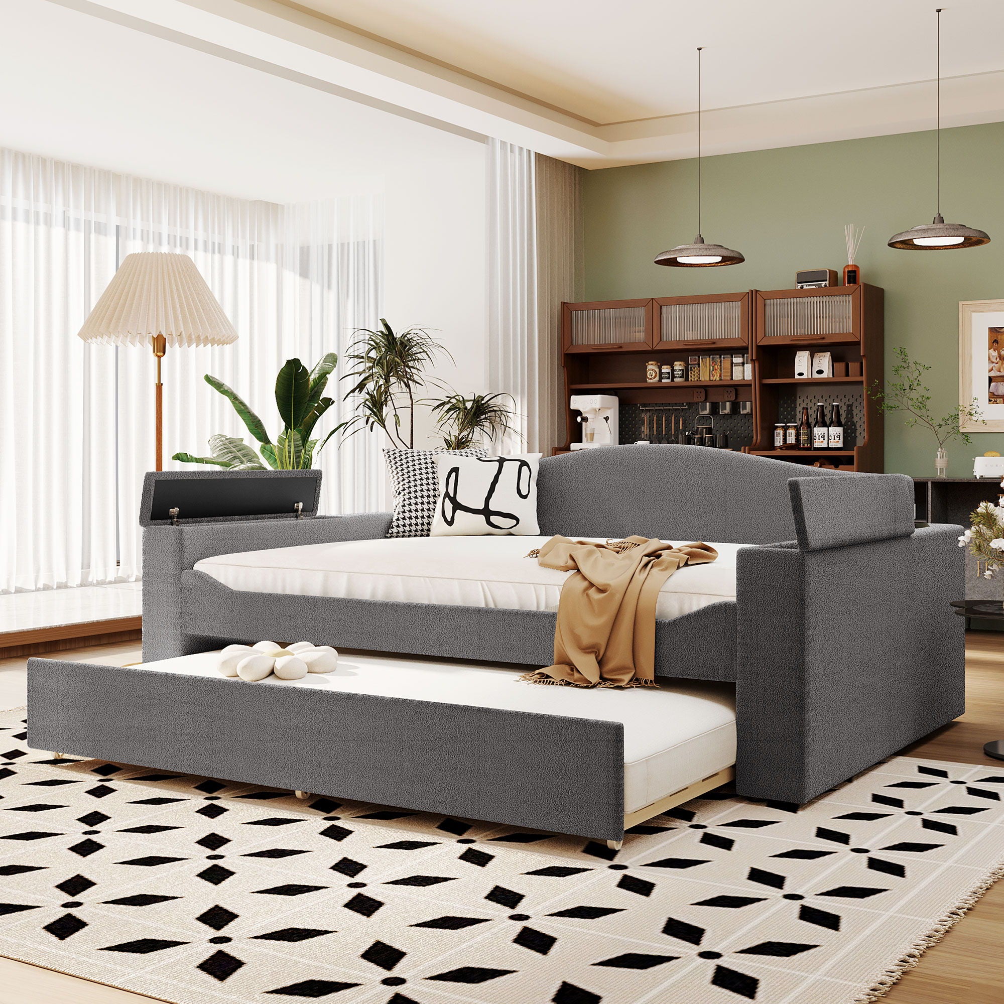 Upholstered Daybed With Storage Armrests, Trundle And Latest Integrated tooth Audio System