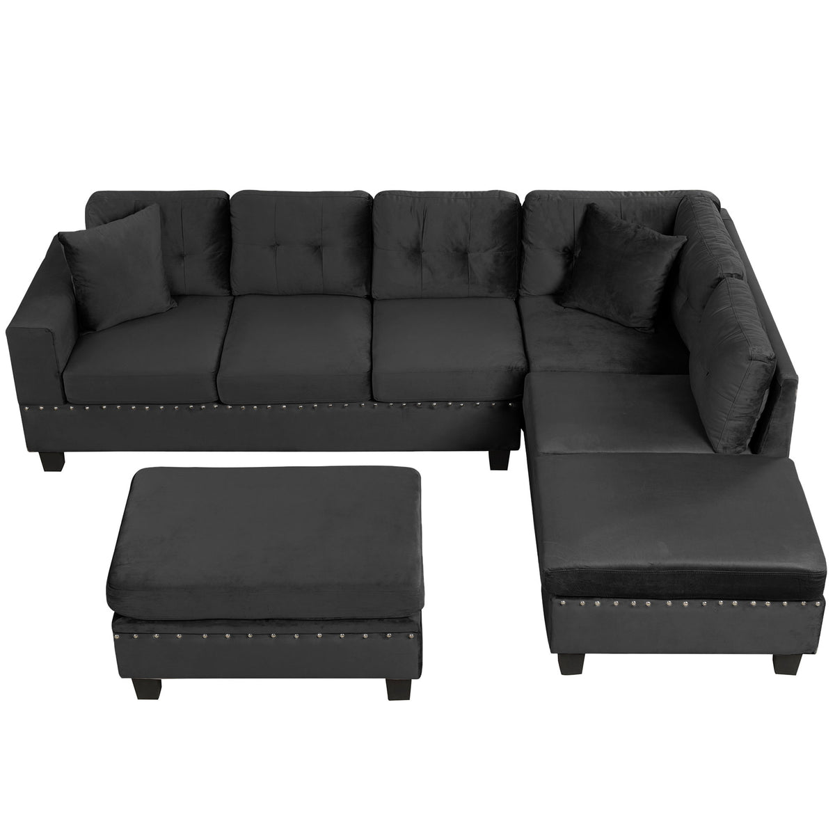 Modern Sectional Sofa With Storage Ottoman, L - Shape Couch With 2 Pillows And Cup Holders
