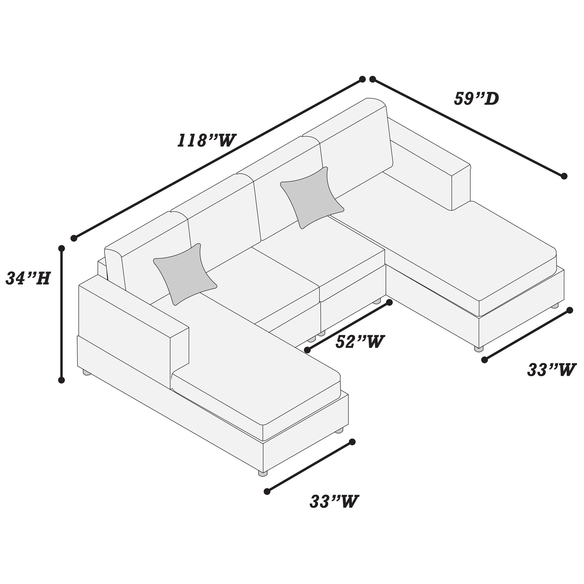 U-Shaped Sectional Set With Cushion Back Armless Chairs Right And Left Arm Chaise