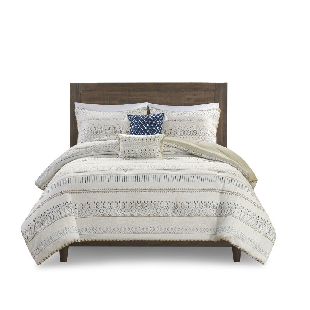 Fraser - 5 Piece King Printed Seersucker Comforter Set With Throw Pillows - Taupe Multi