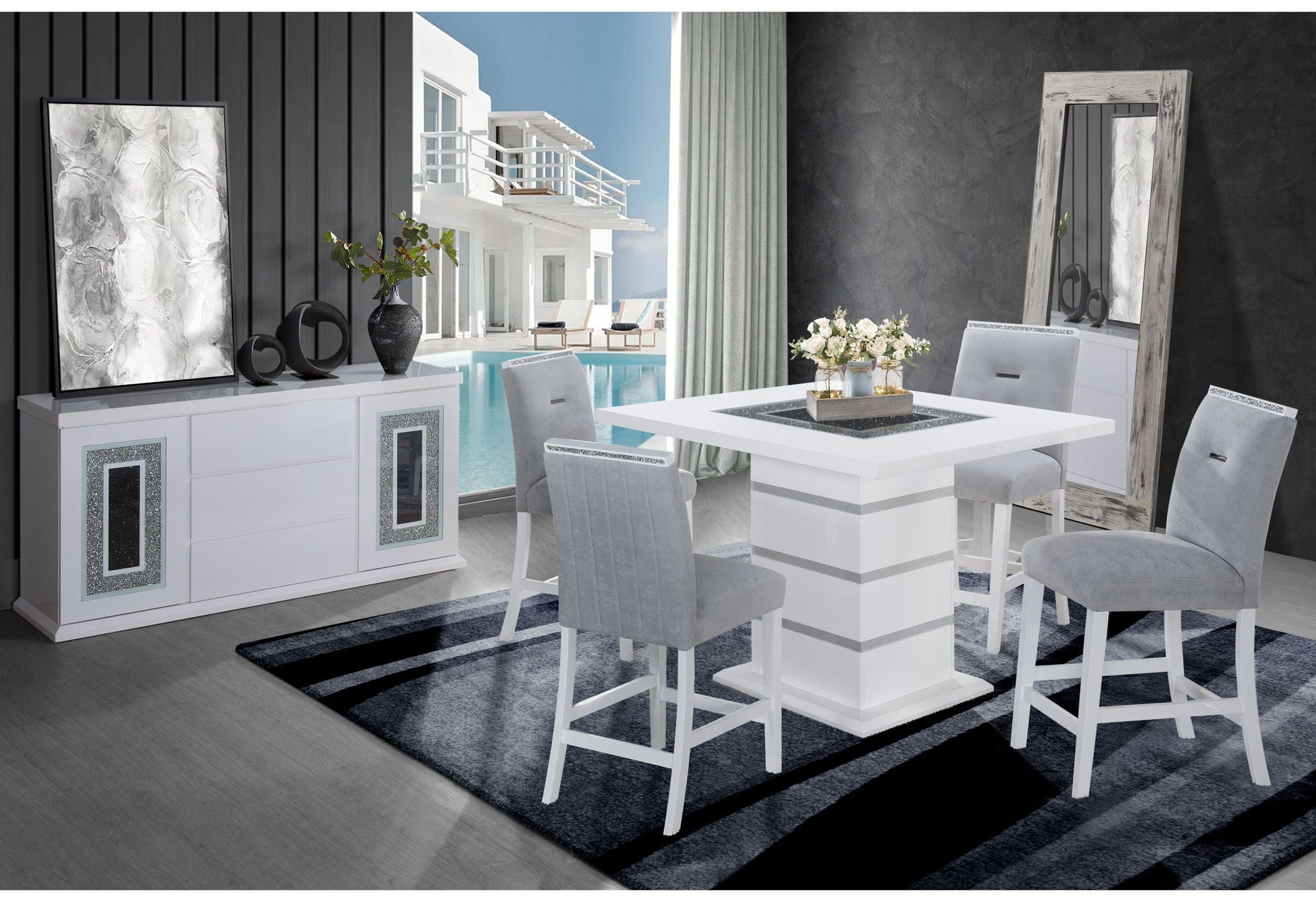 Monaco - 9 Piece Dining Room Set (Square Bar Table And 8 Bar Stools) - White