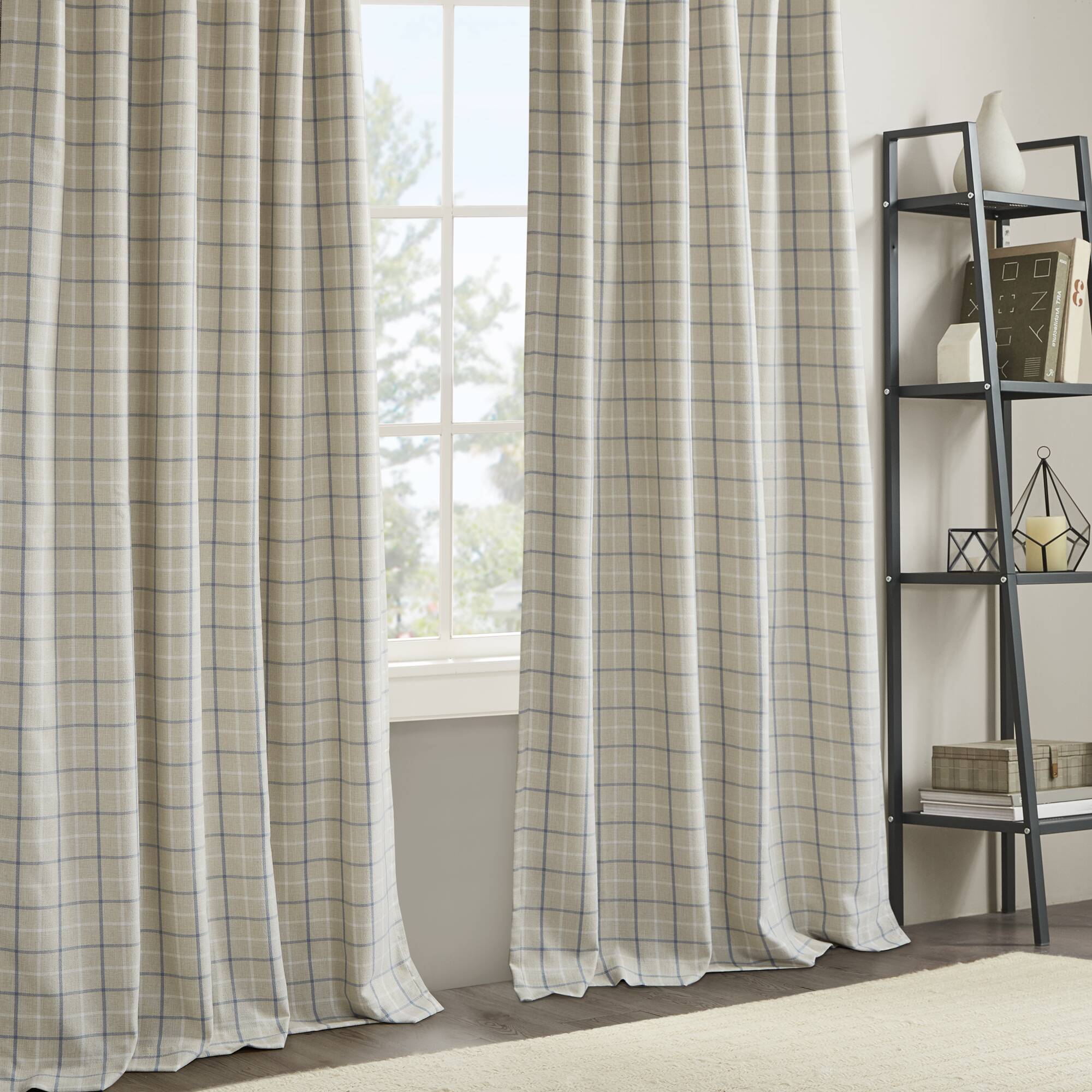 Anaheim - 50x108" Plaid Rod Pocket And Back Tab Curtain Panel With Fleece Lining - Linen Blue