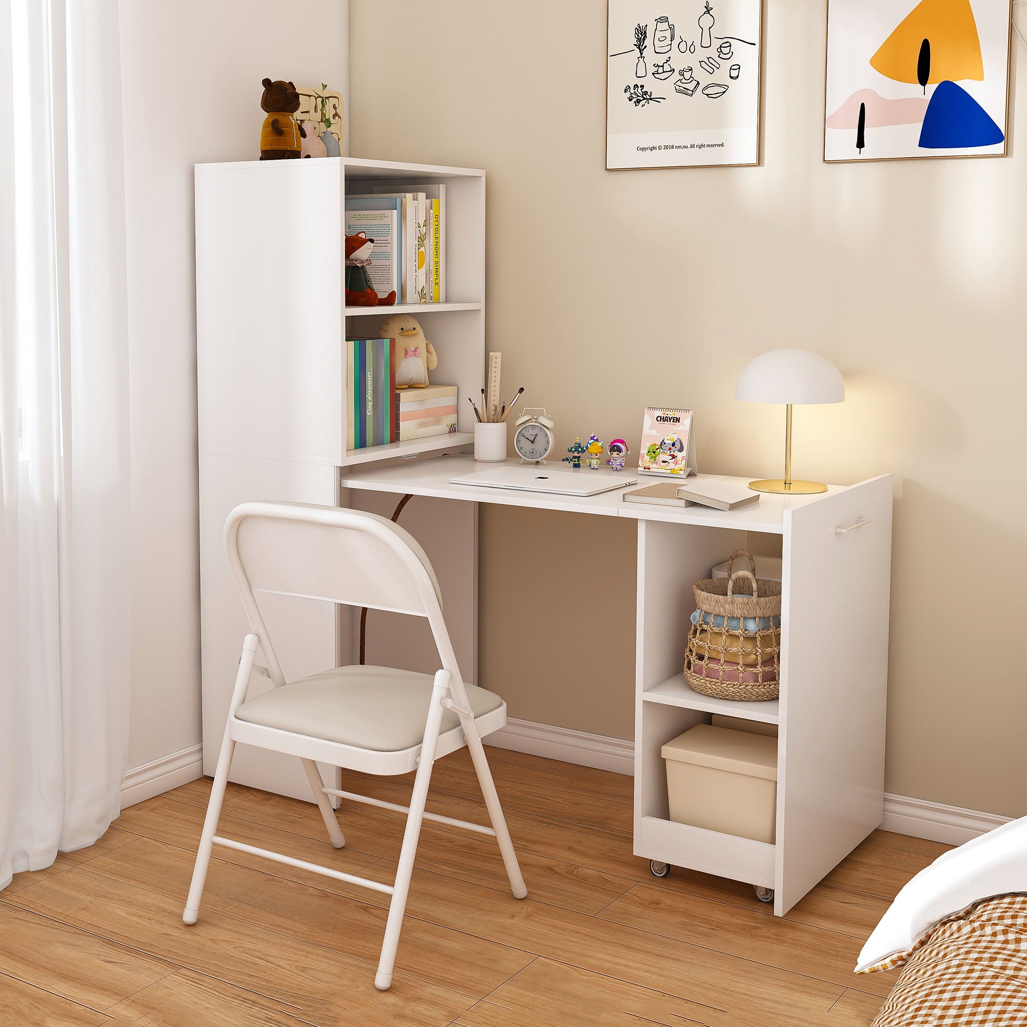Stretchable Office Desk With Storage Shelves And Mobile Wheels