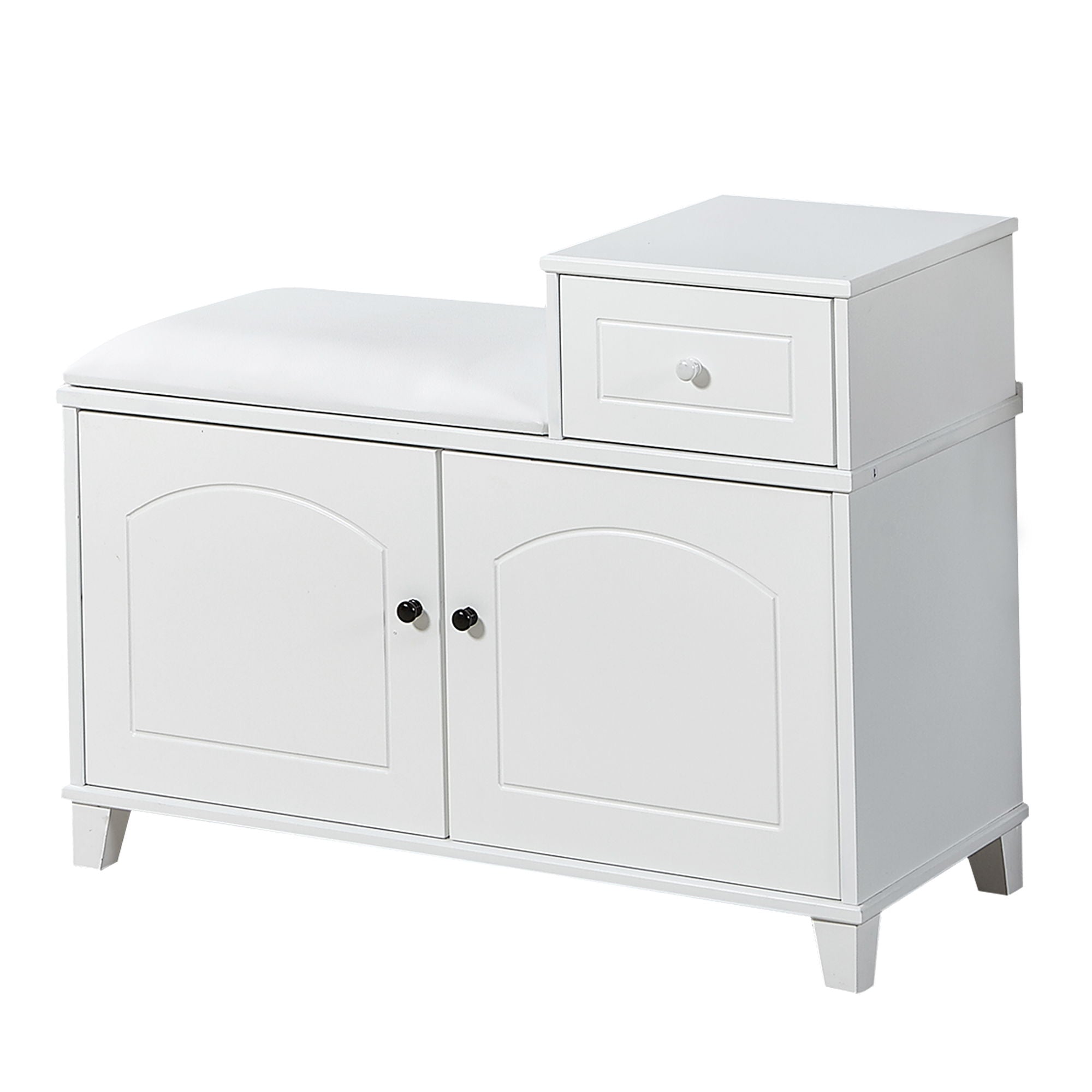 Shoe Storage Bench Cabinet With Fireproof Cushion, Double Doors And Movable Drawer For Door Entrance - White