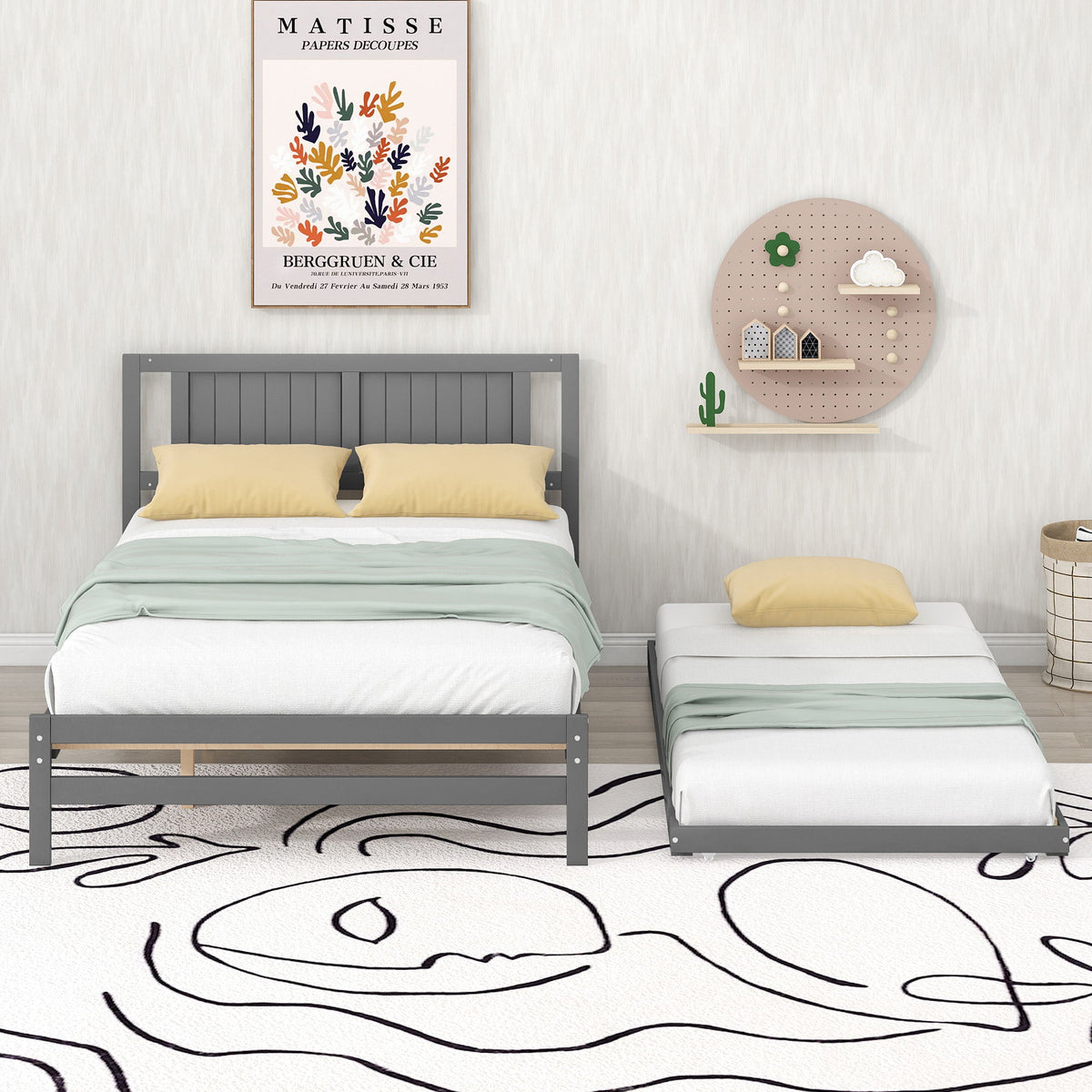 Full Size With Adjustable Twin Trundle Platform Bed - Gray