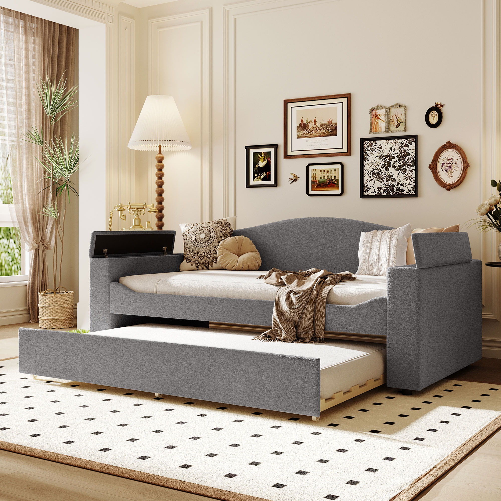 Upholstered Daybed With Storage Armrests, Trundle And Latest Integrated tooth Audio System