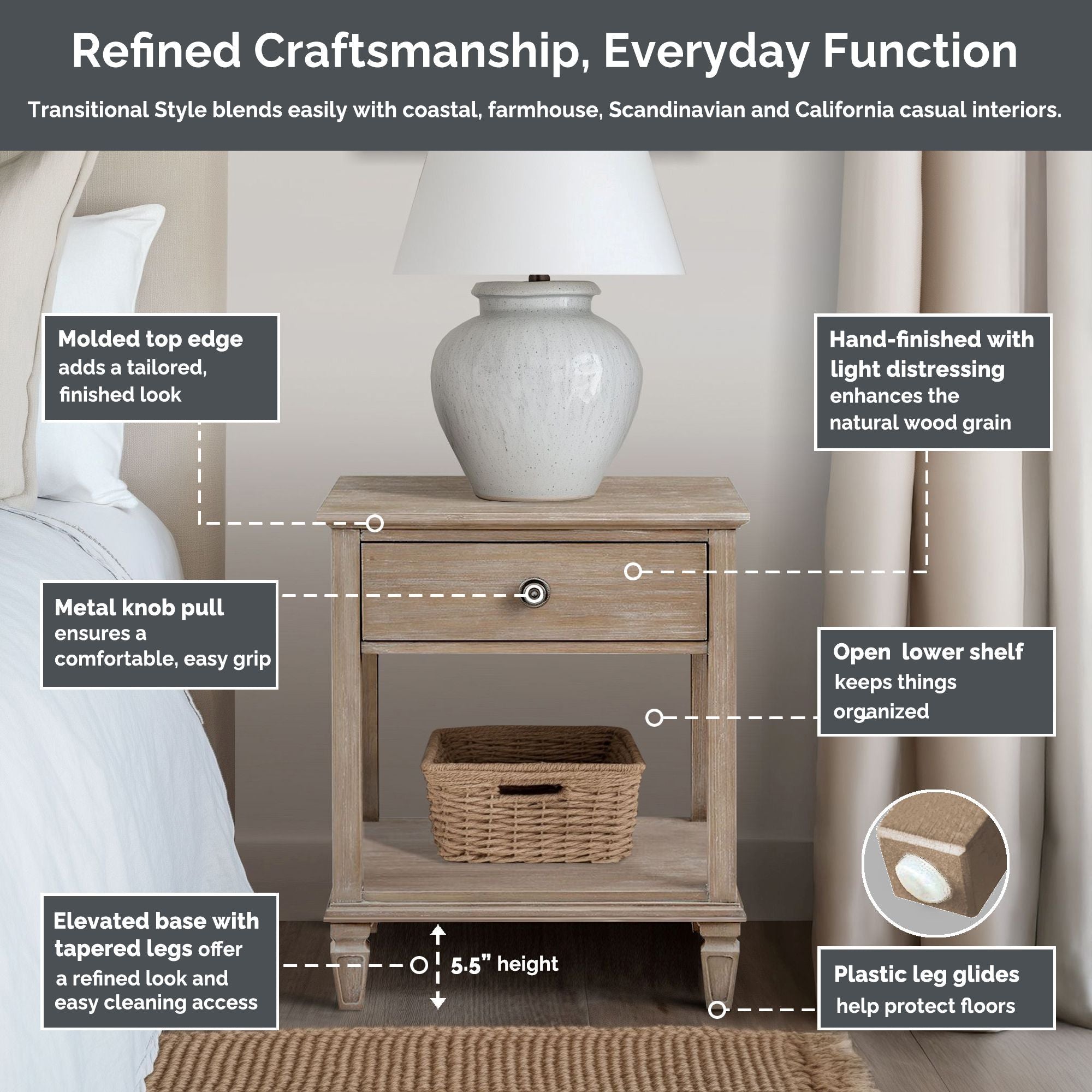 Victoria - One-Drawer Bedside Table With Shelf - Reclaimed Gray