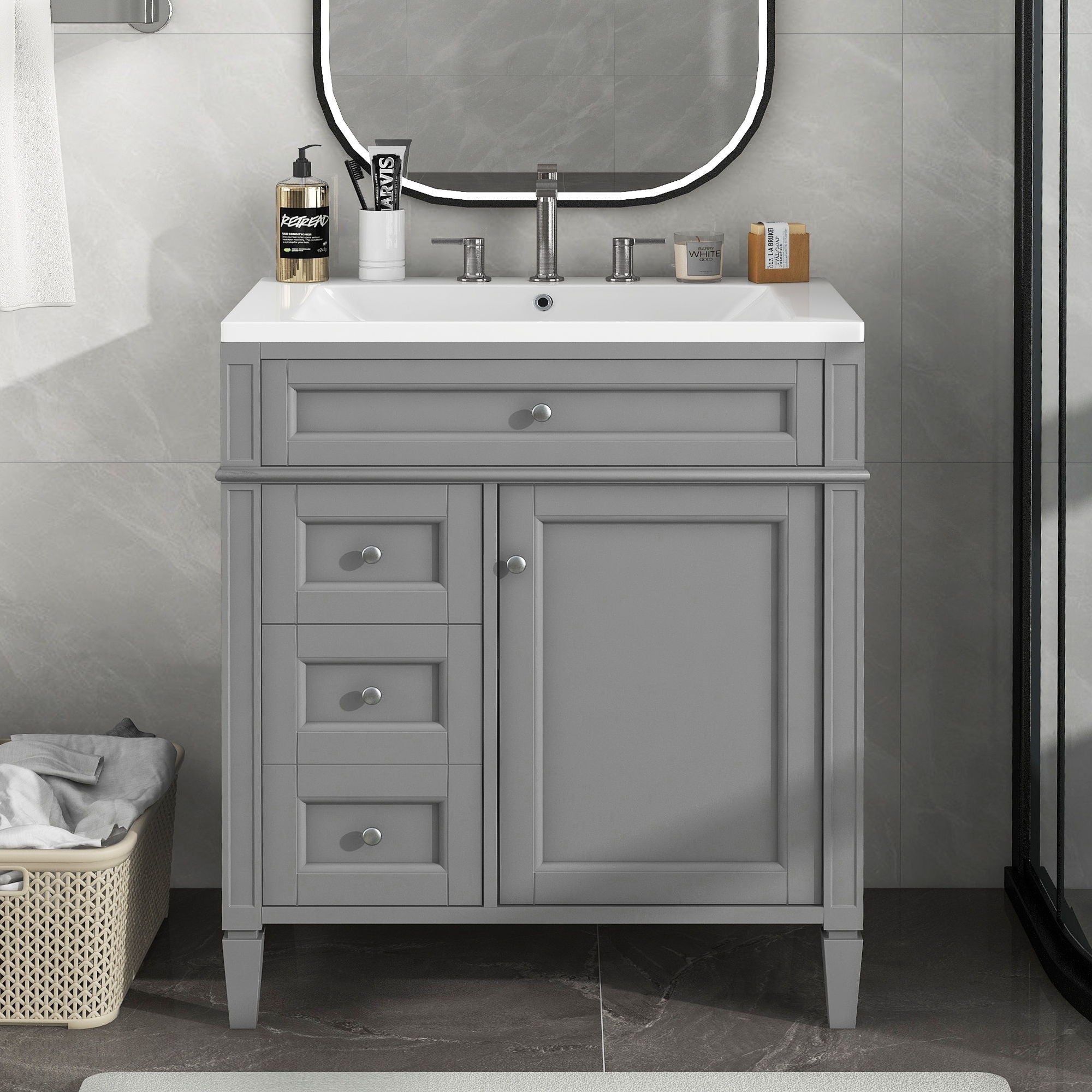 Bathroom Vanity With Top Sink, 2 Drawers And Tip Out Drawer, Rectangular Design