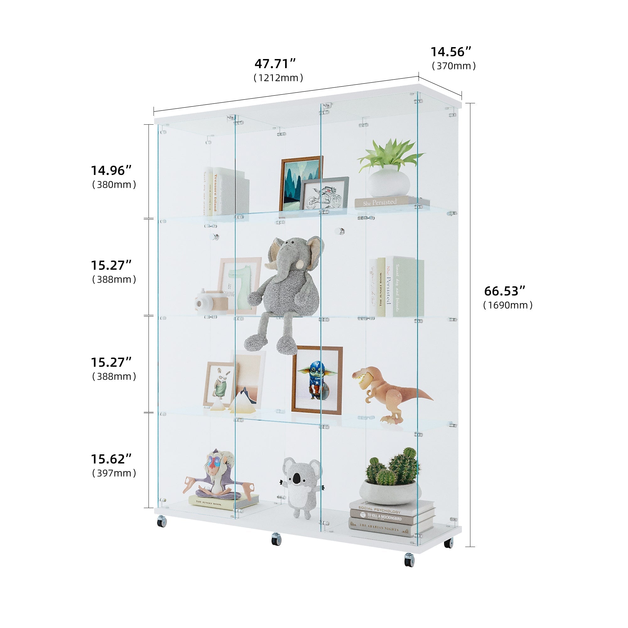 Glass Display Cabinet with 4 Shelves Extra Large, Curio Cabinets for Living Room, Bedroom, Office, Black Floor Standing Glass Bookshelf, Quick Installation