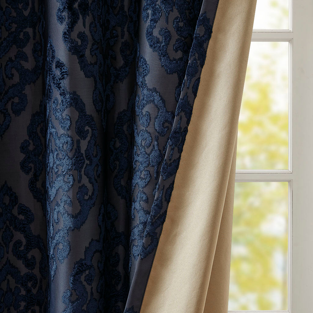 Knitted Jacquard Damask Total Blackout Grommet Top Curtain Panel