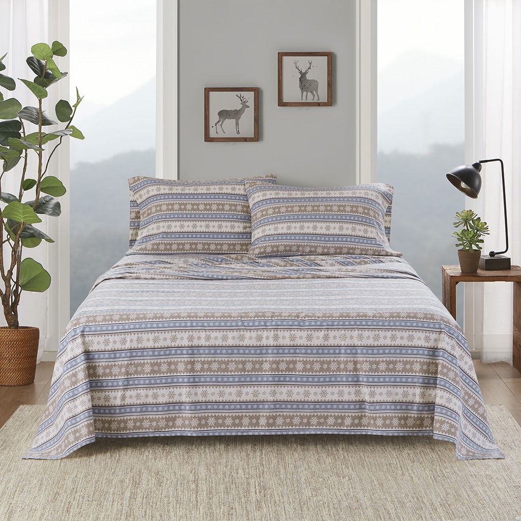 Flannel - Queen Sheet Set Cotton - Blue Snowflake