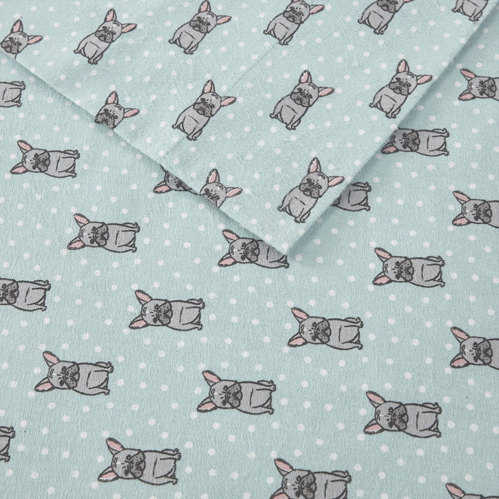 Cozy Flannel - Printed Sheet Set - Aqua French Bulldog