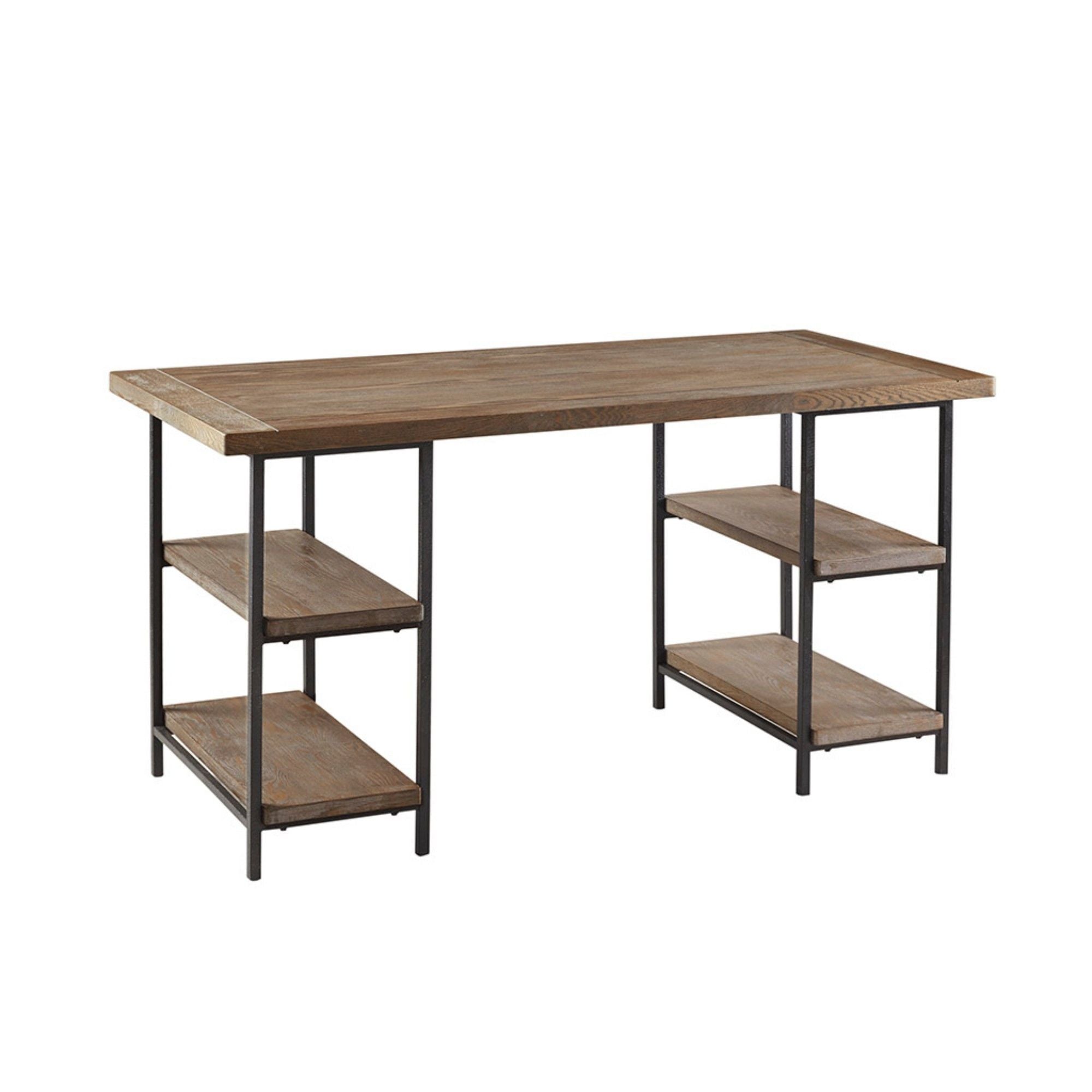 Industrial Style Metal Frame Accent Desk With Side Shelving - Reclaimed Gray Wood