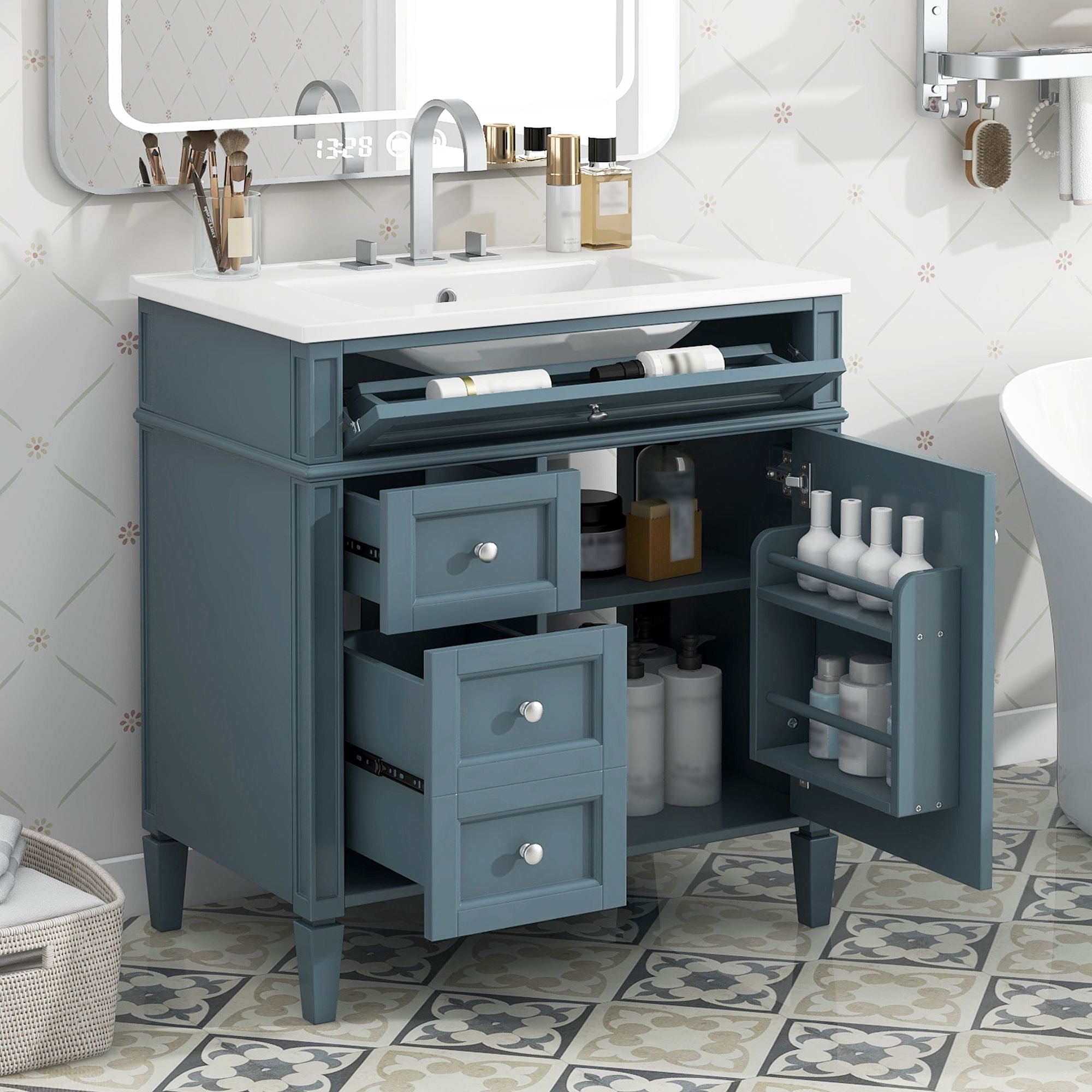 Bathroom Vanity With Top Sink, Storage Cabinet With 2 Drawers And Tip Out Drawer, Rectangular Design - Blue