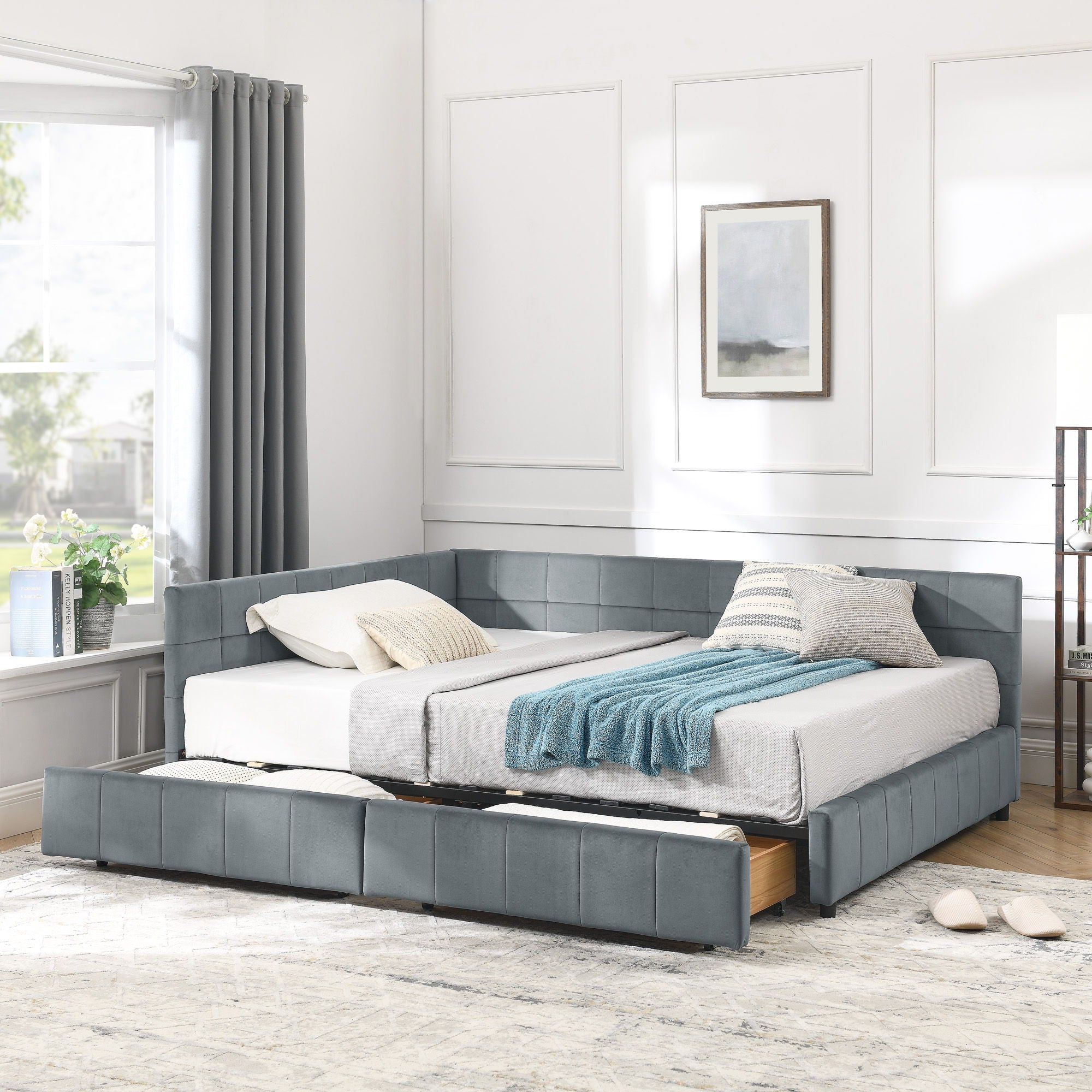 Mid-Century Storage Upholstered Tufted Bed Frame With Backrest And Armrests