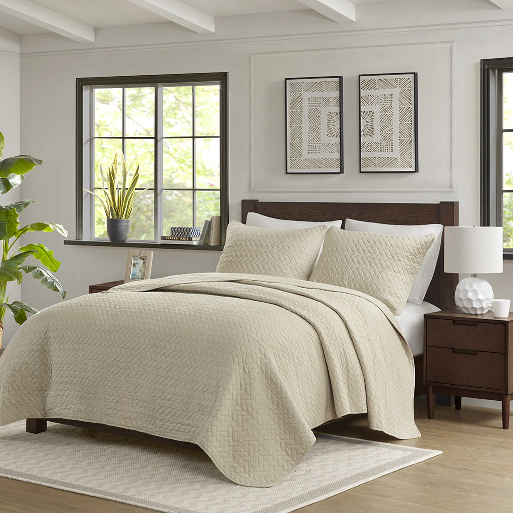 Velvet Touch - Queen 3 Piece Luxurious Oversized Quilted Coverlet Set - Linen