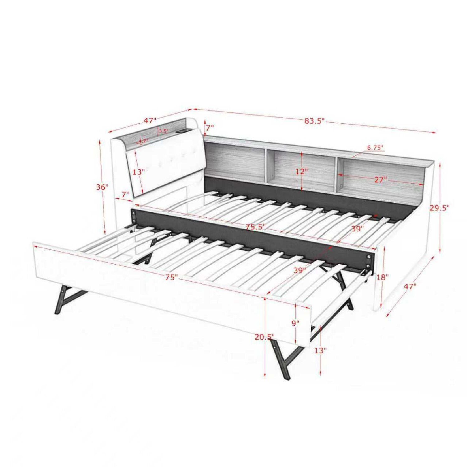 Upholstered Daybed With Storage Headboard, Wireless Charging, LED Lights