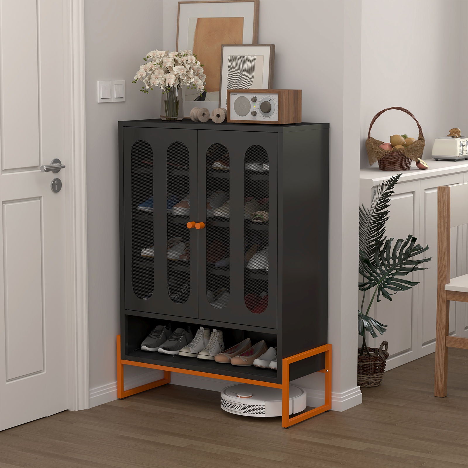 Modern Metal Shoe Cabinet With DoublebSided Doors And Adjustable Partitions