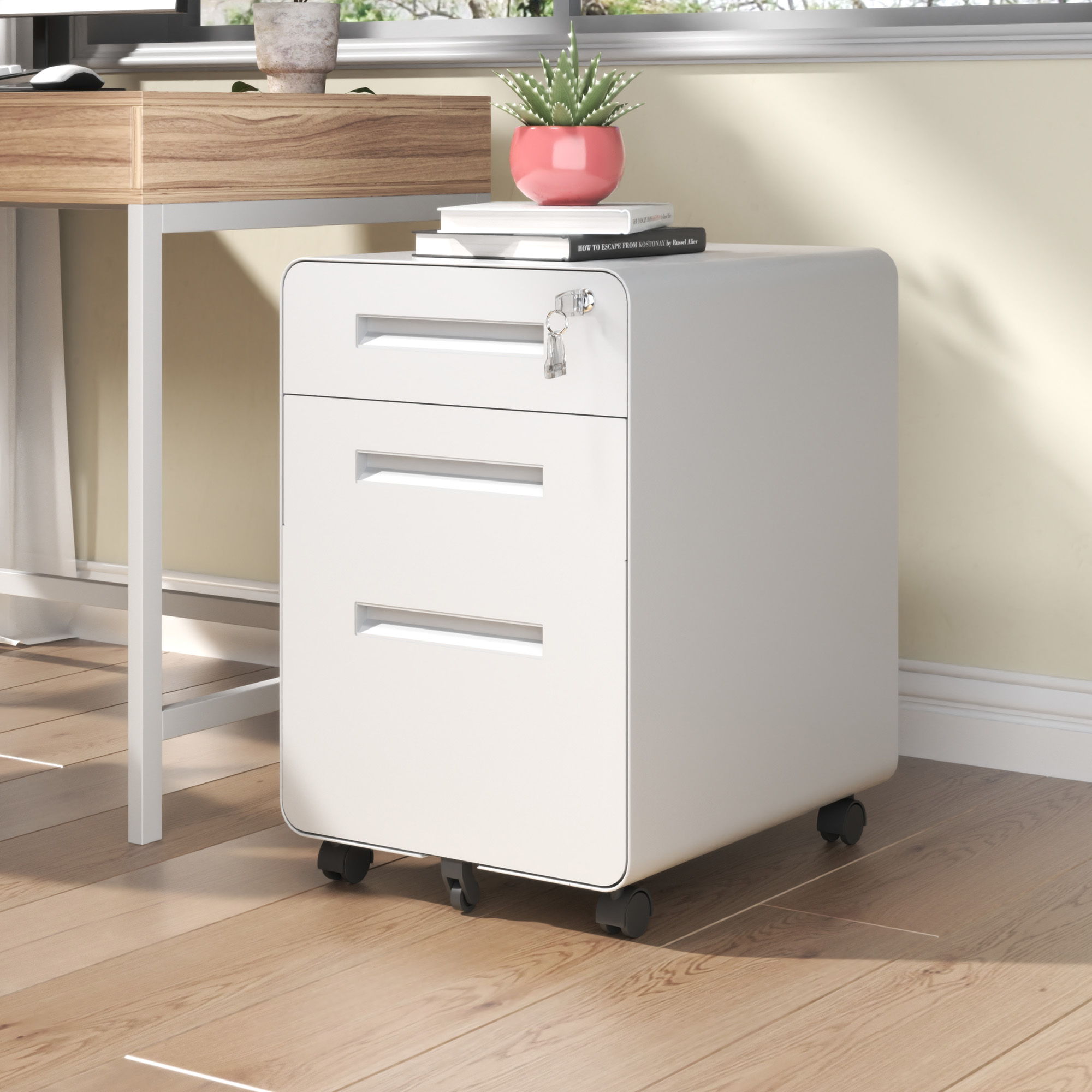 3-Drawer Mobile File Cabinet With Lock, On Casters, Holds A4/Letter Files