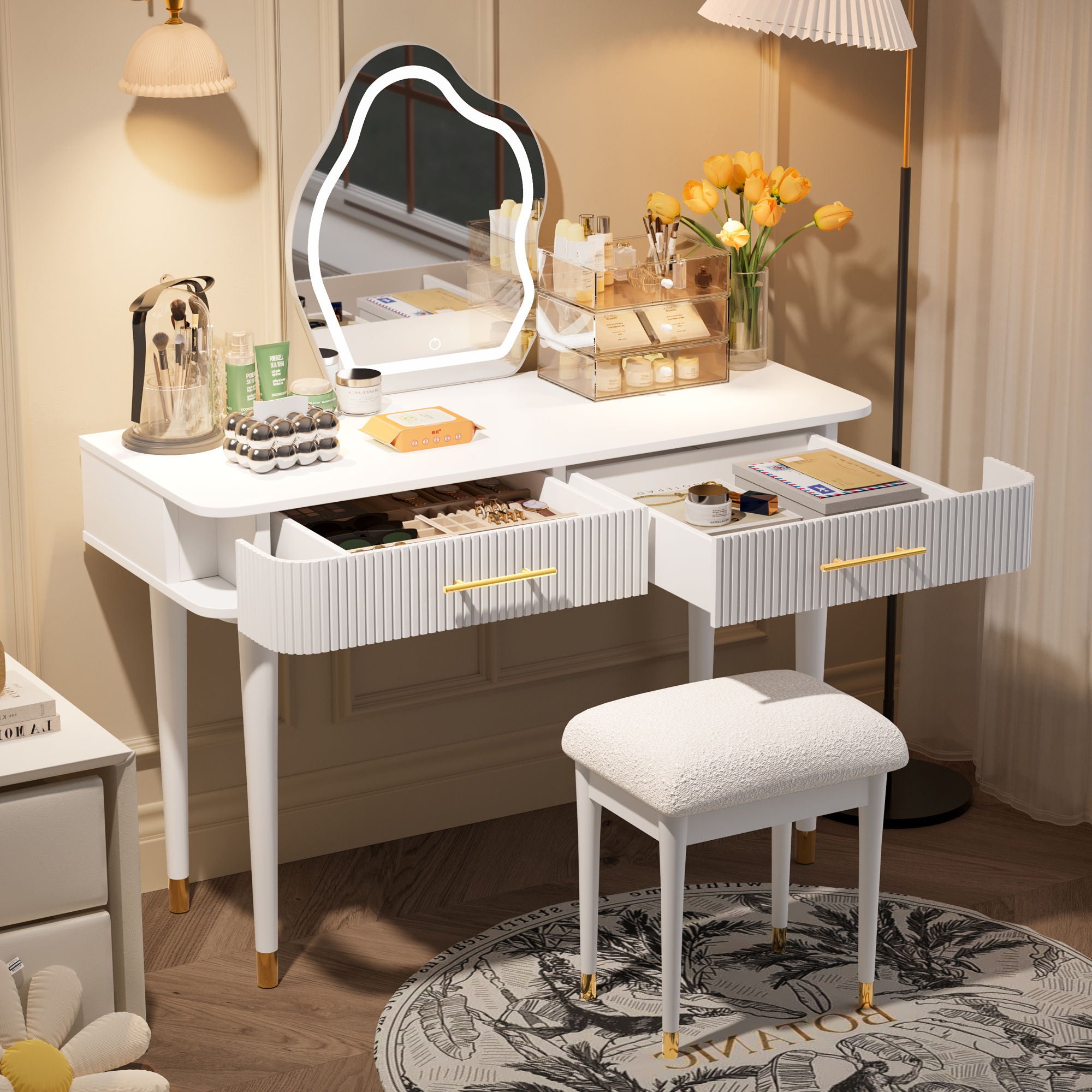Modern Vanity Table Set With Mirror Touch Screen Lighted Mirror, Dressing Table And Cushioned Stool Set With 2 Large Drawers - White