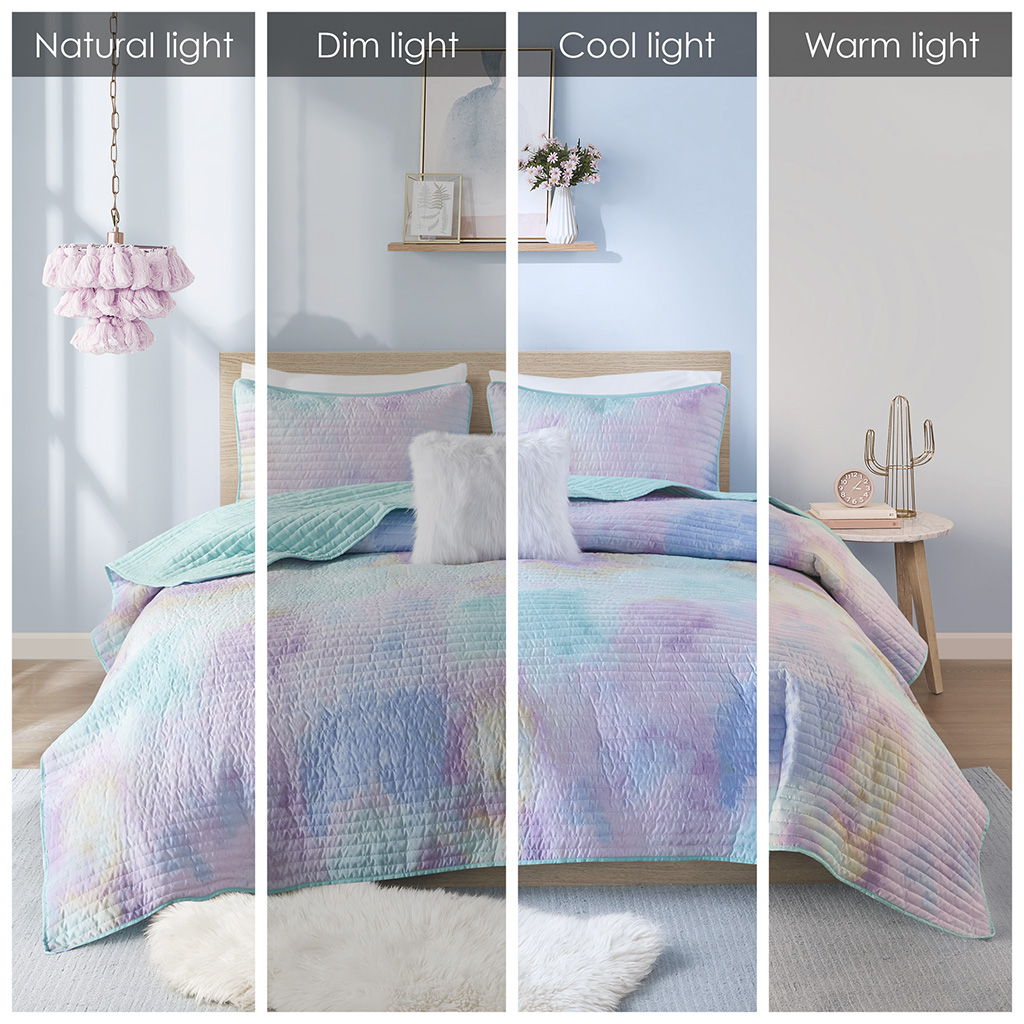 Cassiopeia - Watercolor Tie Dye Printed Quilt Set With Throw Pillow - Aqua