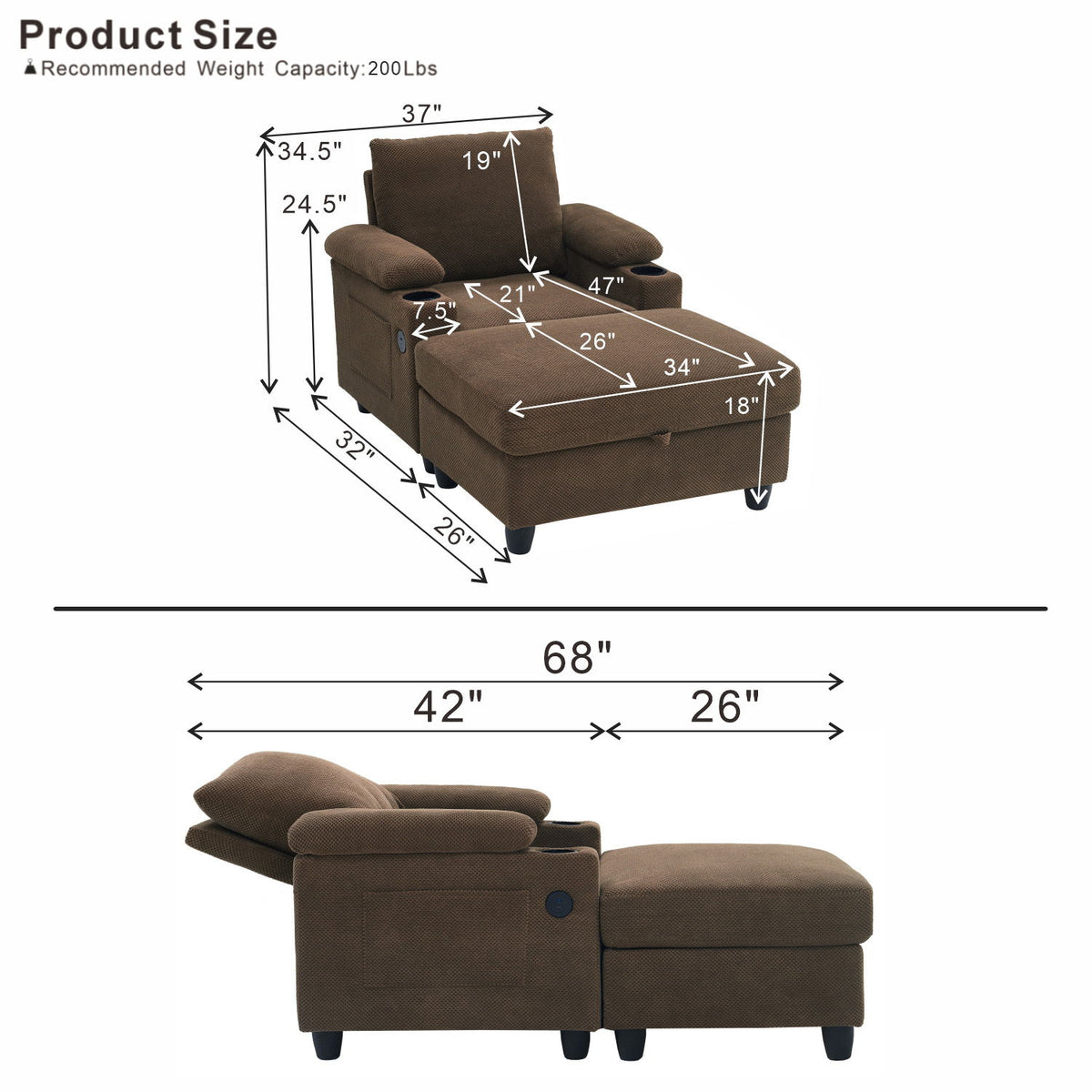 Accent Chair With Storage Ottoman, Reclining Single Chaise Lounge With Cupholders And USB, C Ports