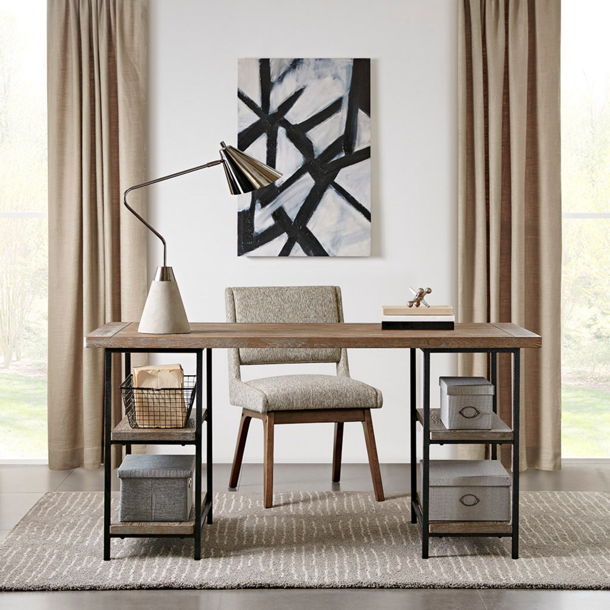 Industrial Style Metal Frame Accent Desk With Side Shelving - Reclaimed Gray Wood