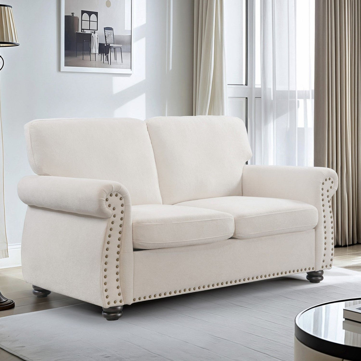 Soft Loveseat, Upholstered 2 Seater Couch, Loose Back Cushions And Turned Legs
