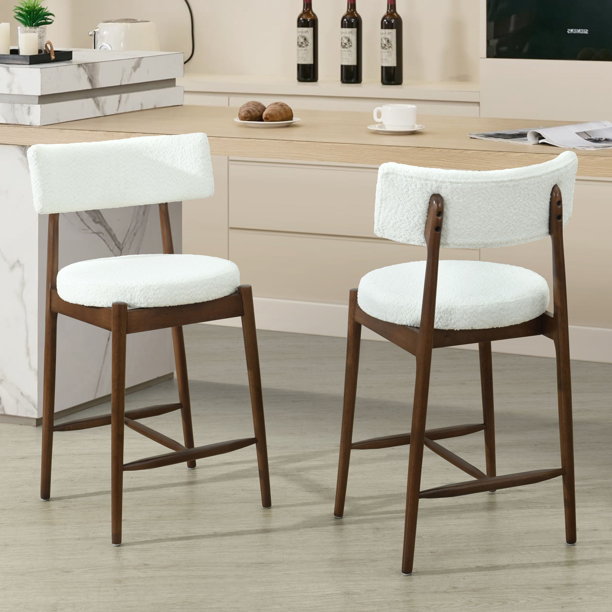 Mid Century Modern Counter Stools, Fabric Upholstered Chairs